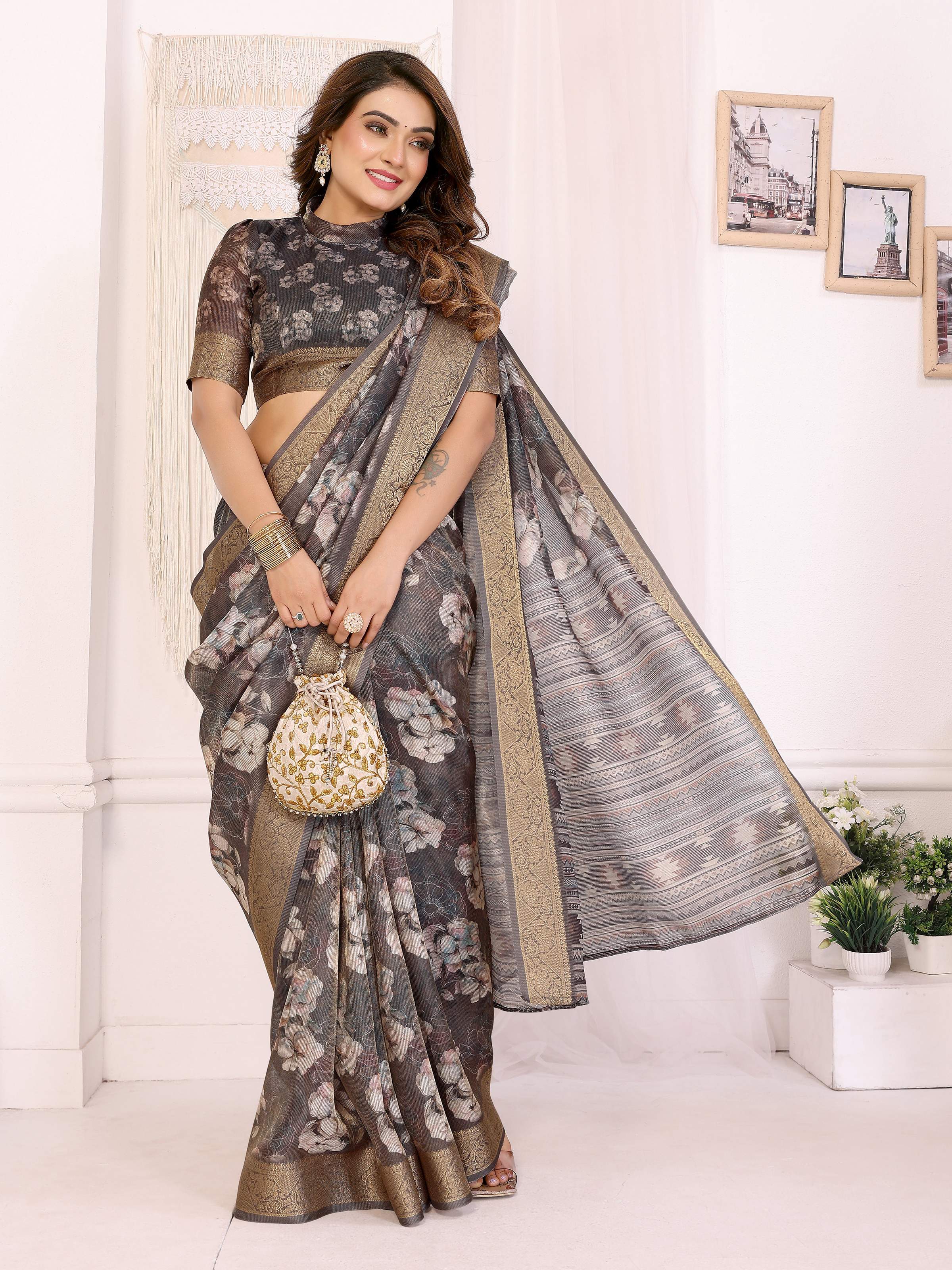 Sonakshi Women's Grey Mulberry Silk With Digital Prints Saree with Blouse - Distacart