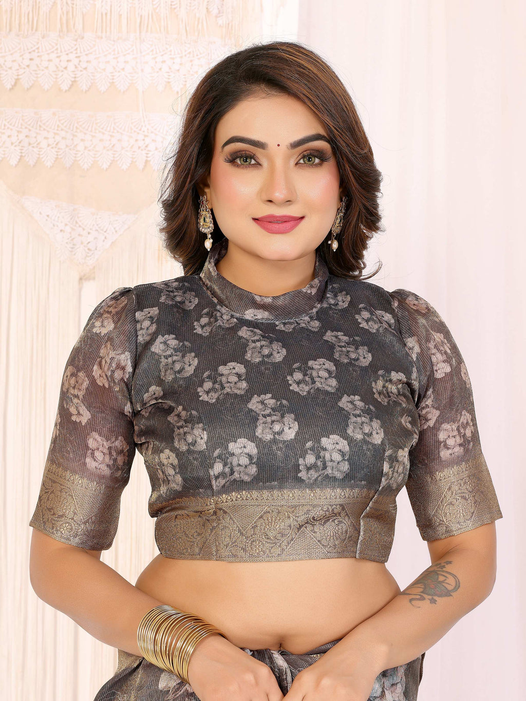 Sonakshi Women's Grey Mulberry Silk With Digital Prints Saree with Blouse - Distacart