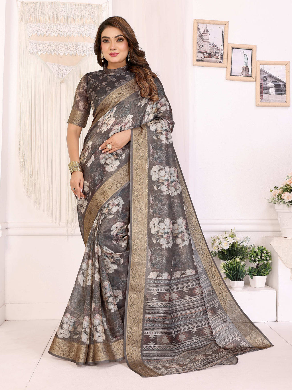 Sonakshi Women's Grey Mulberry Silk With Digital Prints Saree with Blouse - Distacart