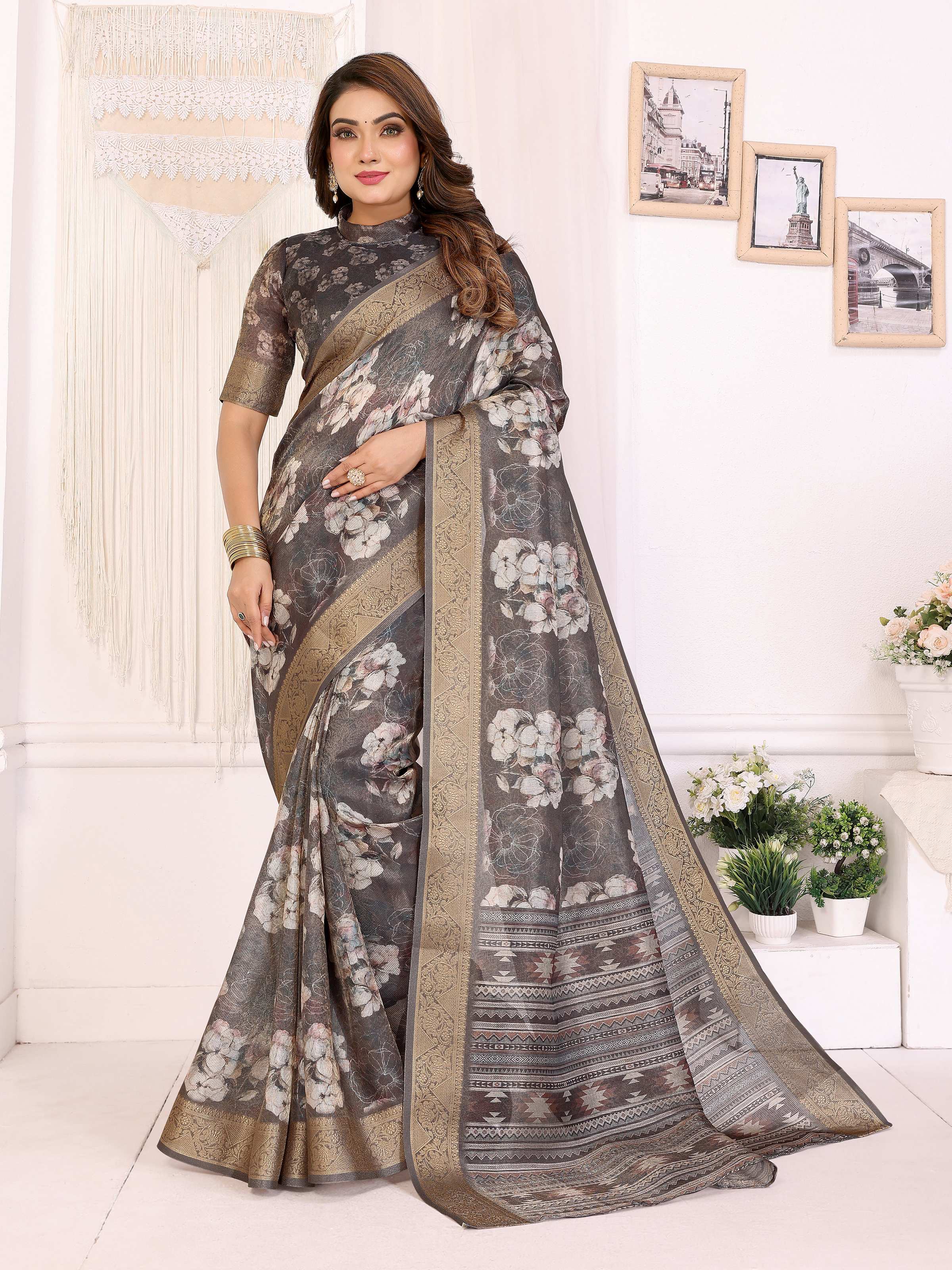 Sonakshi Women's Grey Mulberry Silk With Digital Prints Saree with Blouse - Distacart