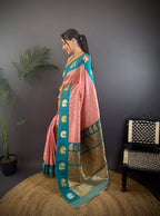 Sonakshi Women's Peach Banarasi Silk Zari Weaving Saree with Blouse - Distacart