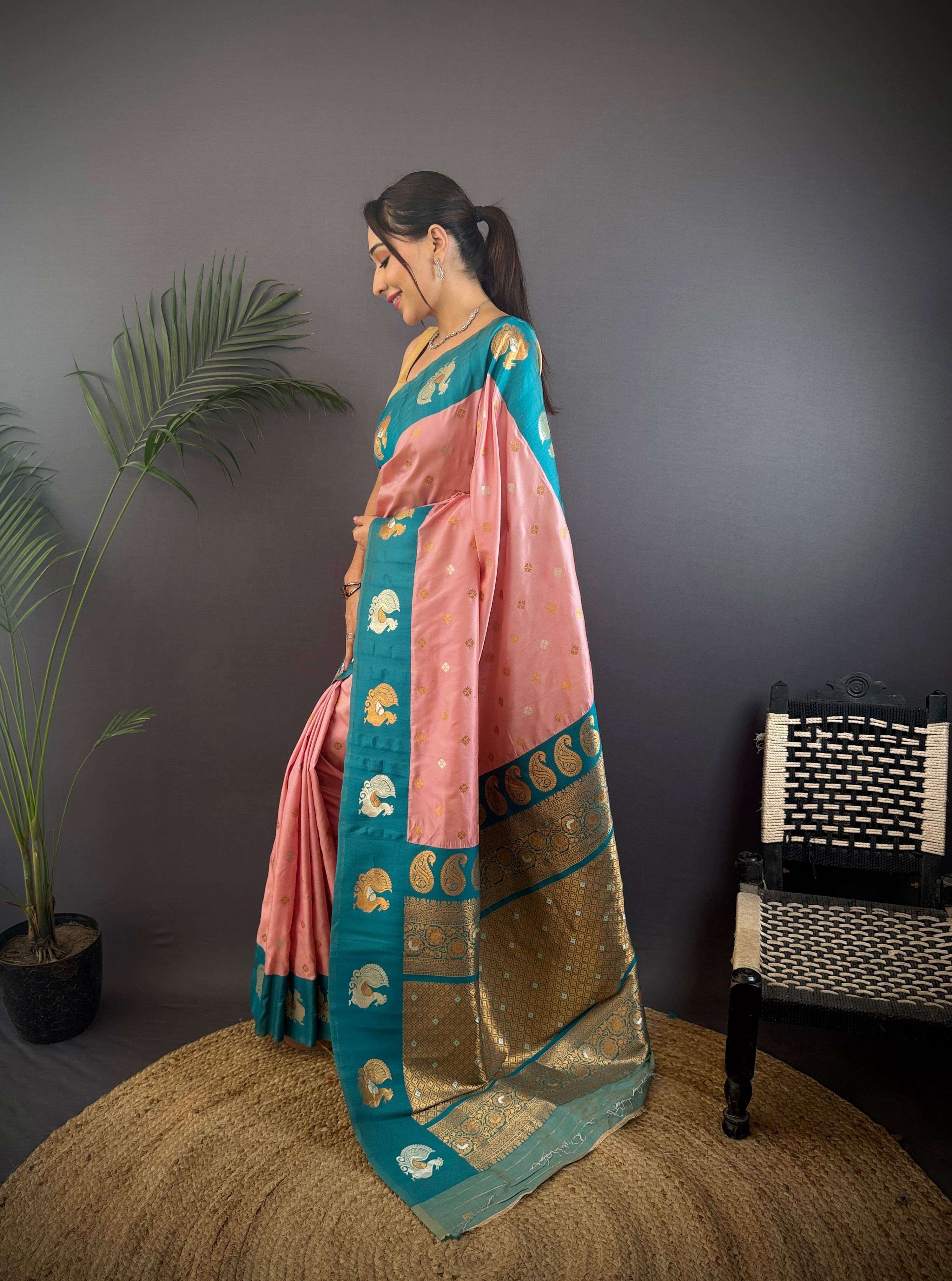 Sonakshi Women's Peach Banarasi Silk Zari Weaving Saree with Blouse - Distacart