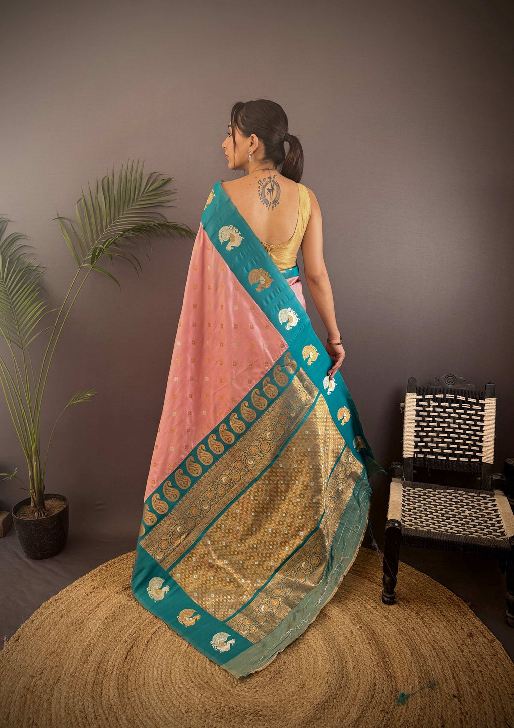 Sonakshi Women's Peach Banarasi Silk Zari Weaving Saree with Blouse - Distacart