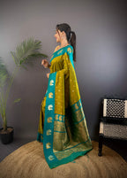 Sonakshi Women's Mehendi Banarasi Silk Zari Weaving Saree with Blouse - Distacart