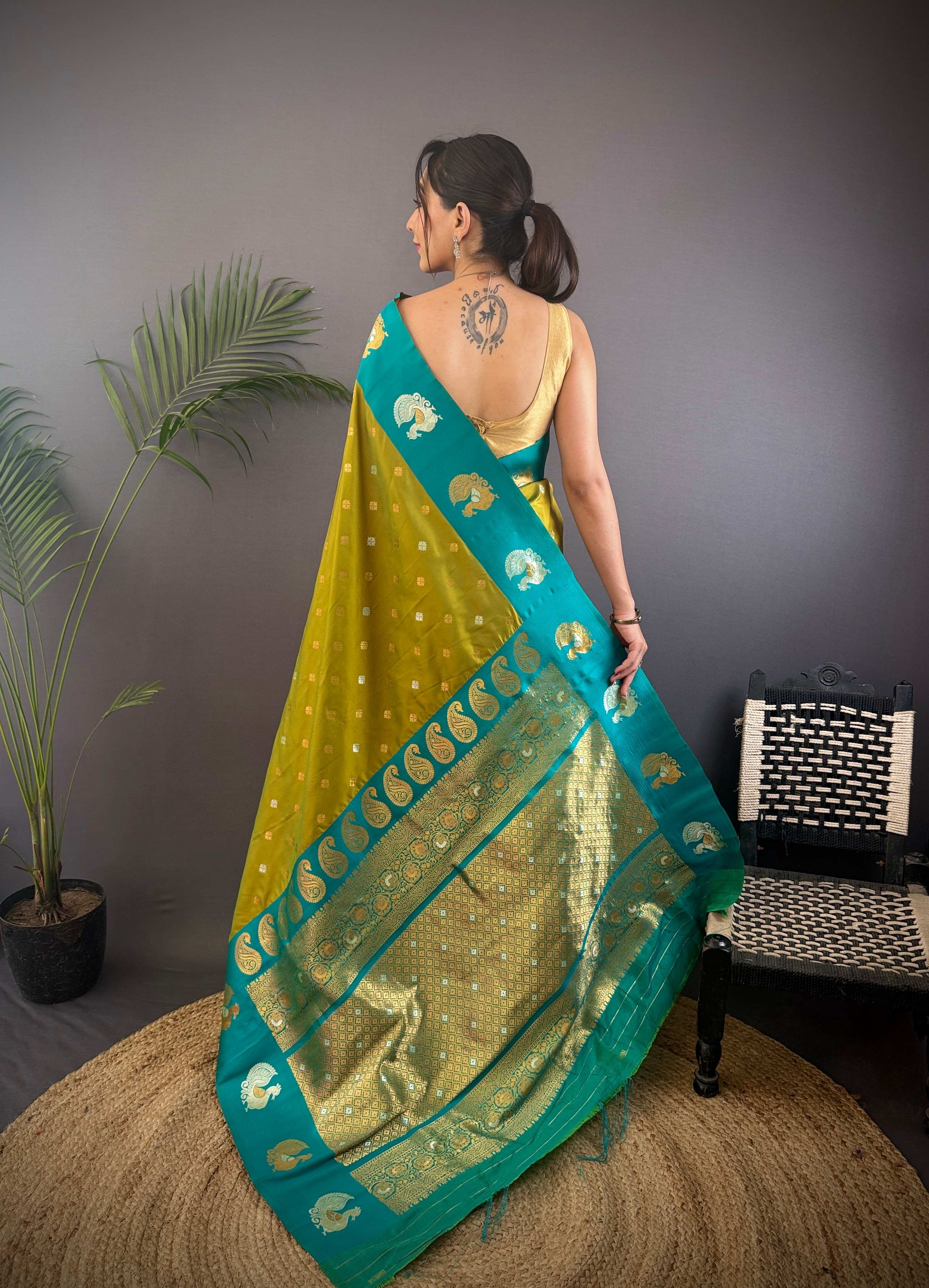 Sonakshi Women's Mehendi Banarasi Silk Zari Weaving Saree with Blouse - Distacart