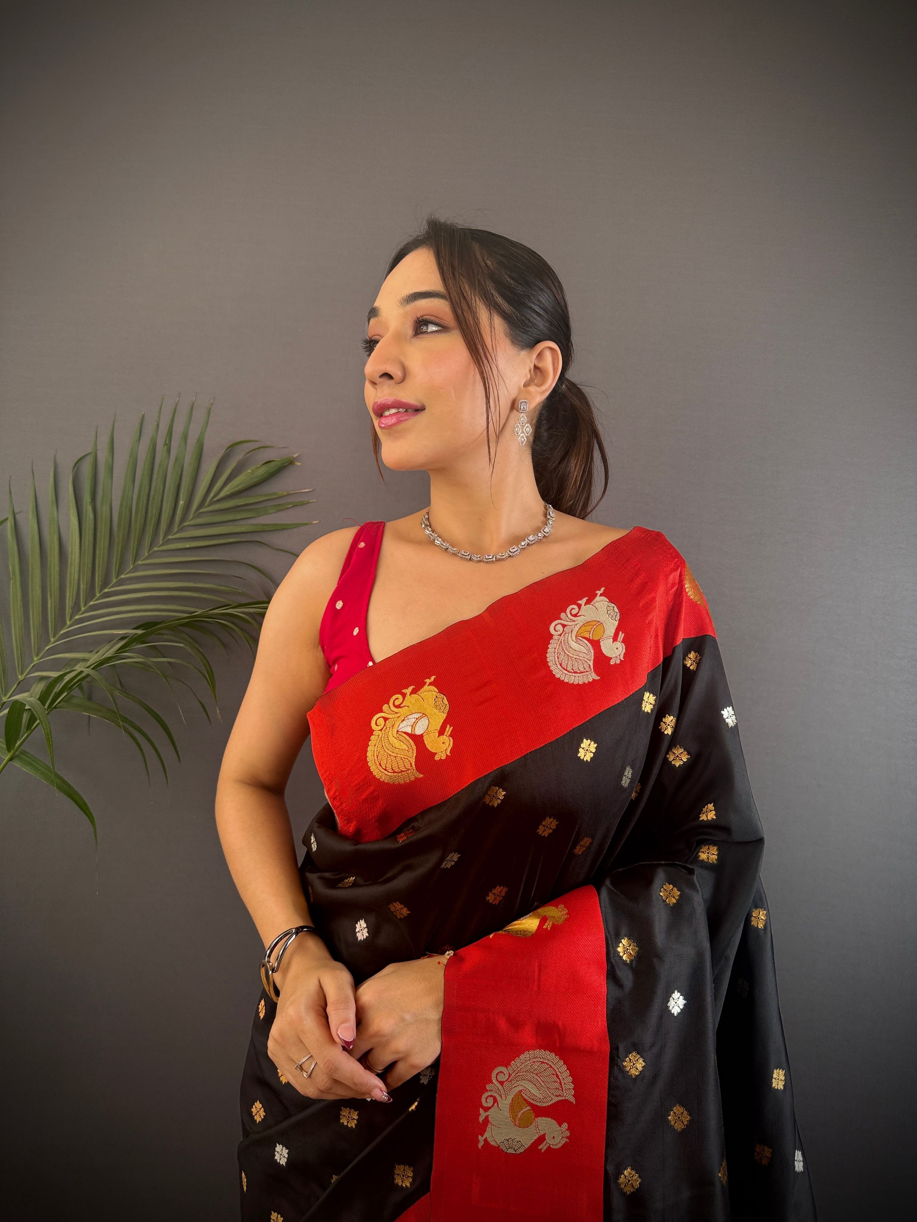 Sonakshi Women's Black Banarasi Silk Zari Weaving Saree with Blouse - Distacart
