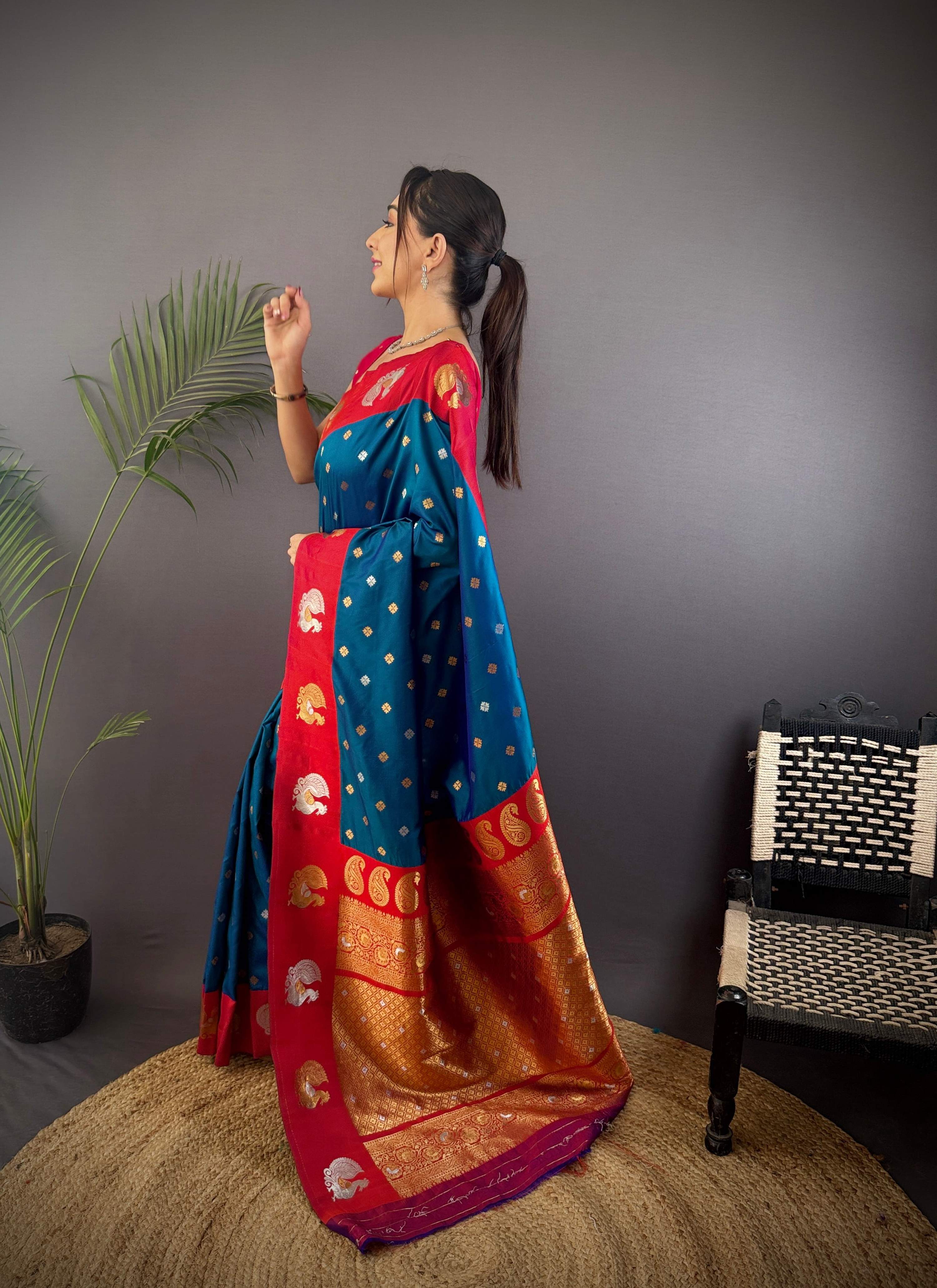 Sonakshi Women's Morepeach Banarasi Silk Zari Weaving Saree with Blouse - Distacart