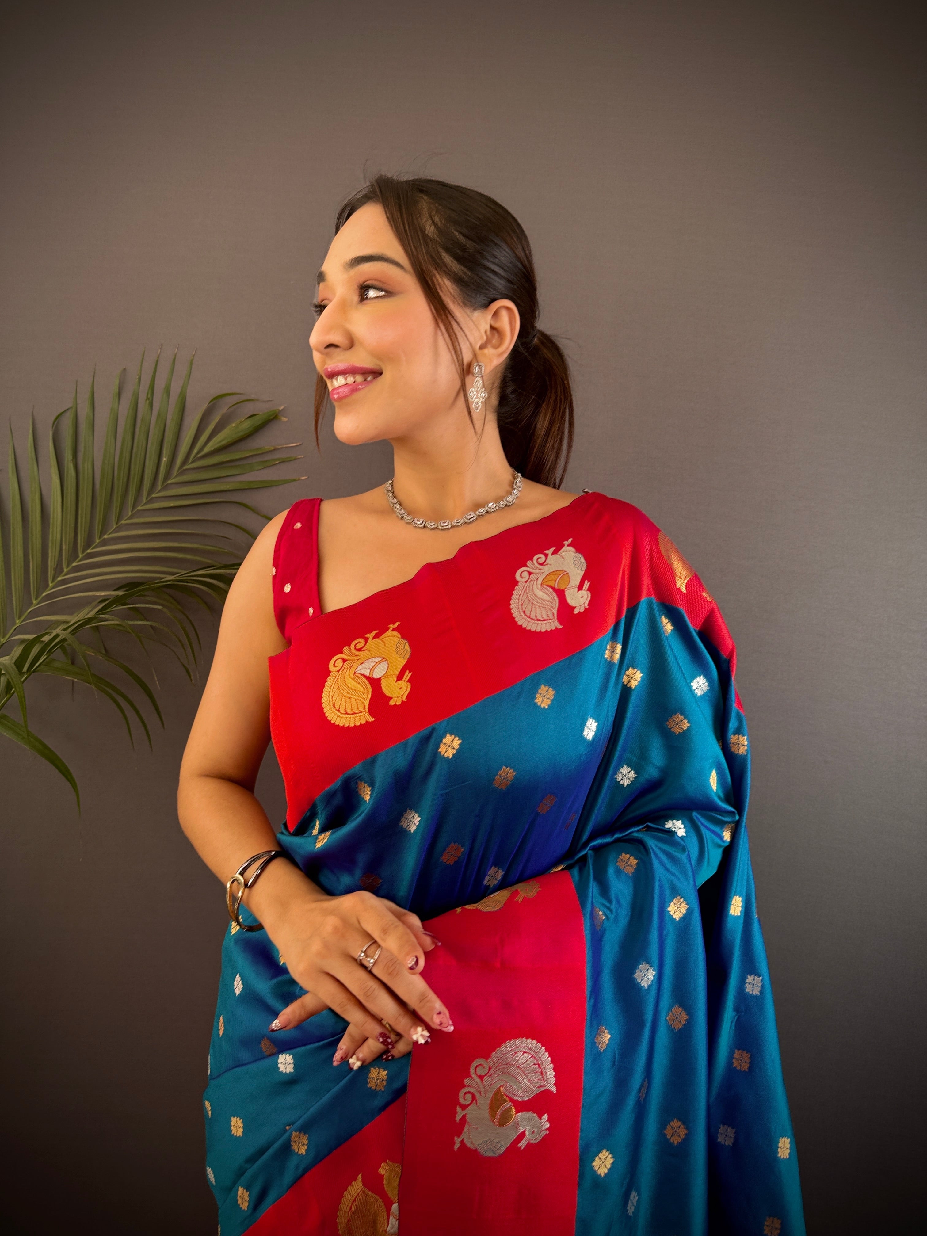 Sonakshi Women's Morepeach Banarasi Silk Zari Weaving Saree with Blouse - Distacart