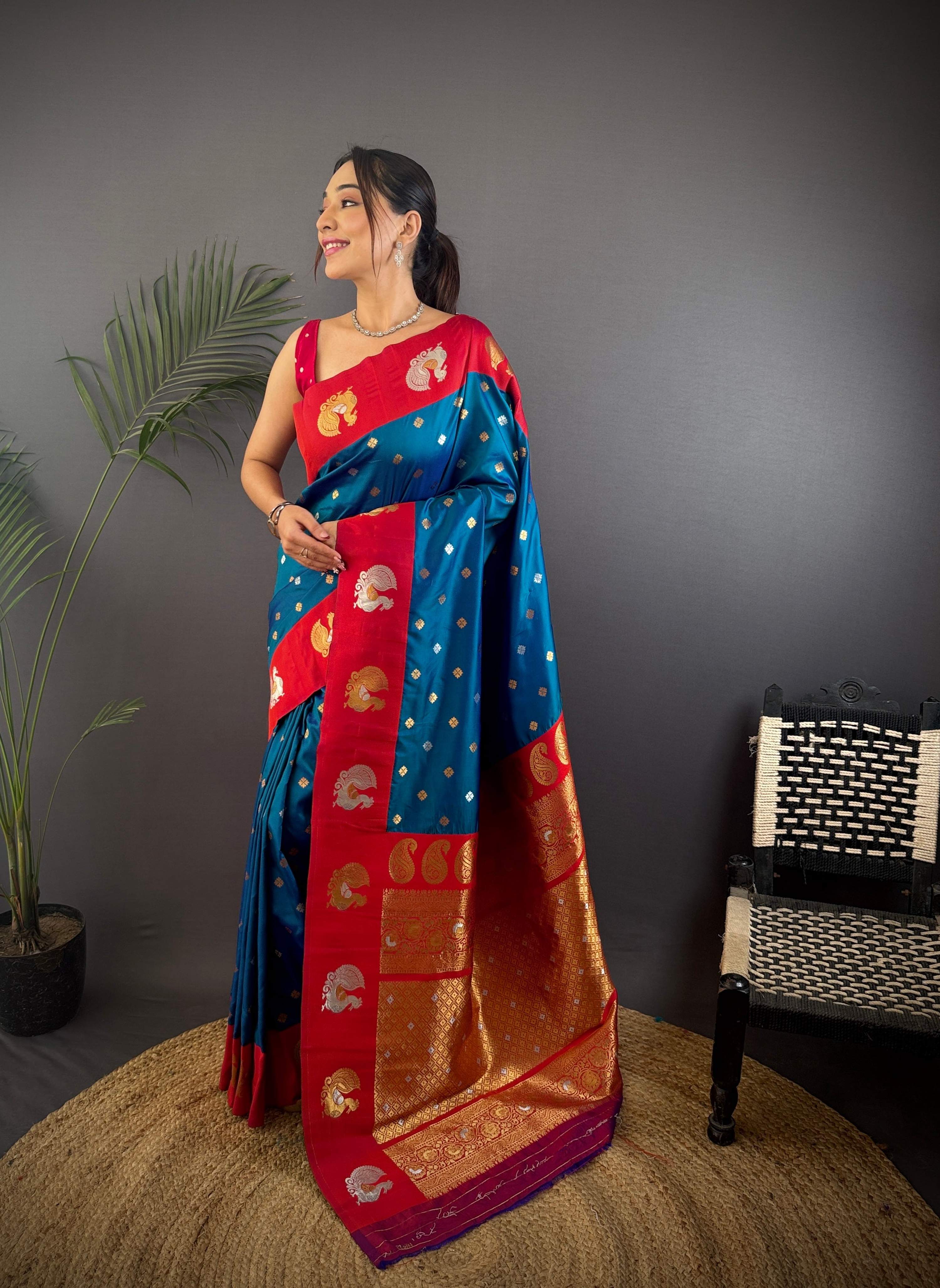 Sonakshi Women's Morepeach Banarasi Silk Zari Weaving Saree with Blouse - Distacart