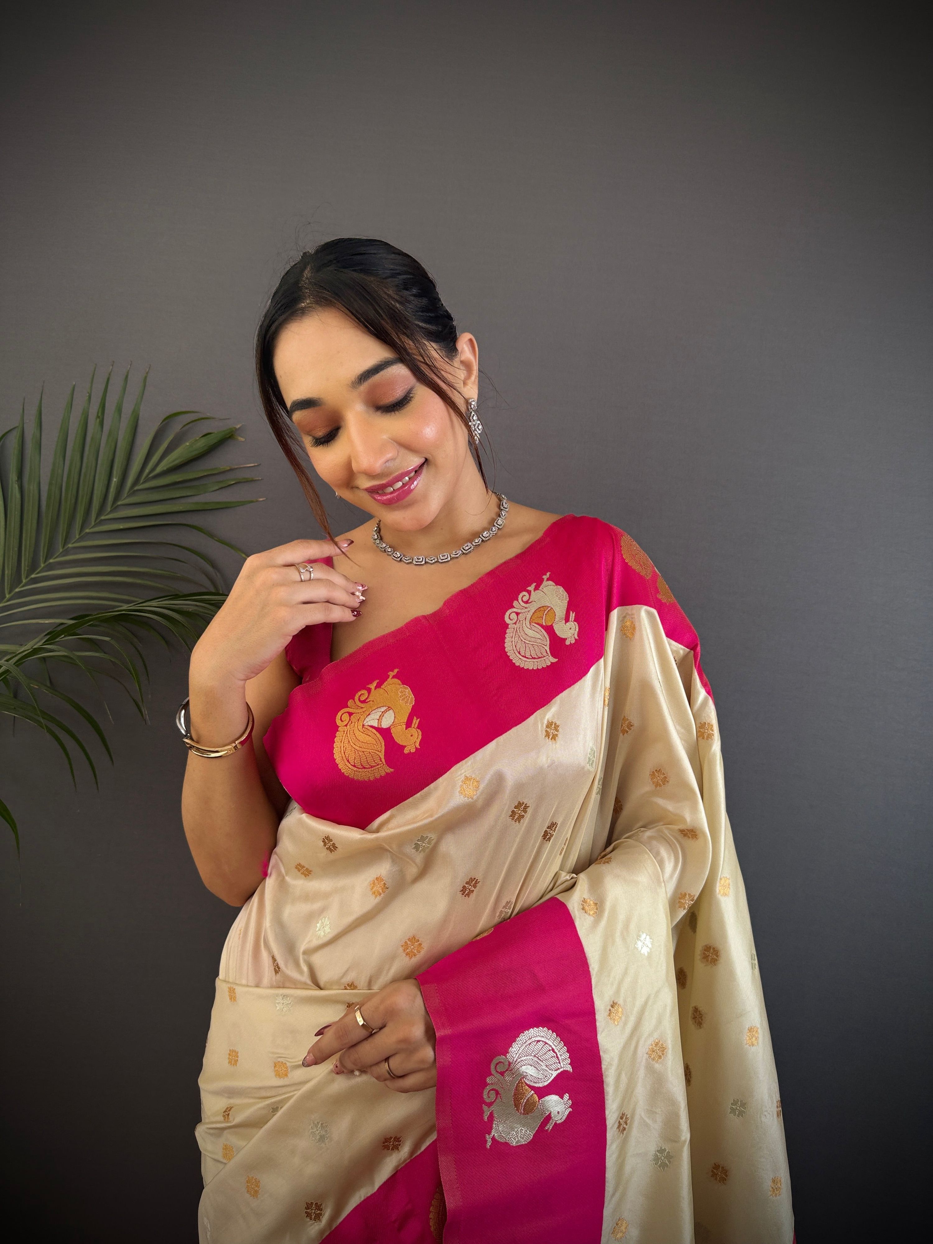 Sonakshi Women's White Banarasi Silk Zari Weaving Saree with Blouse - Distacart