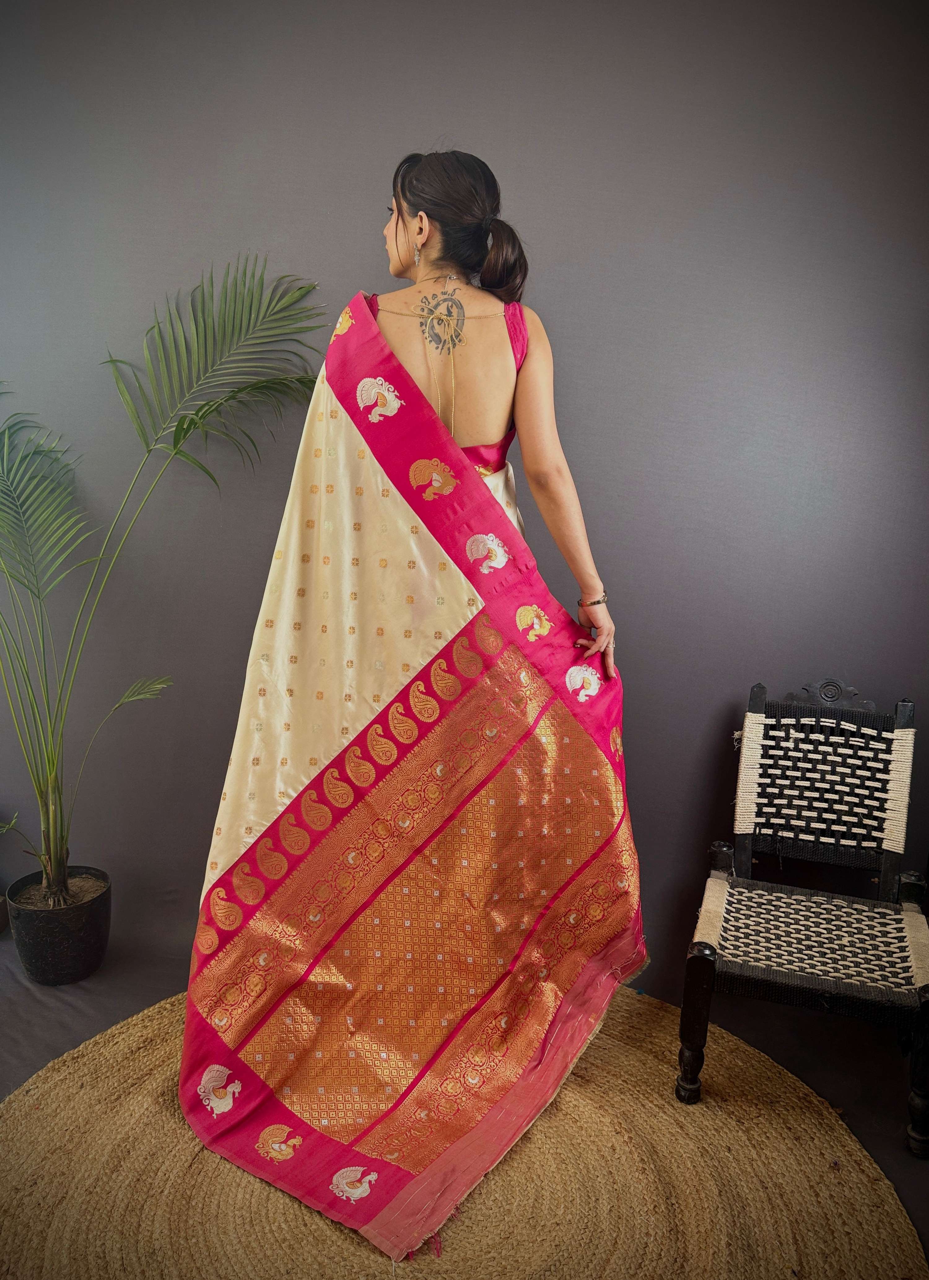 Sonakshi Women's White Banarasi Silk Zari Weaving Saree with Blouse - Distacart