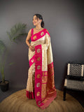 Sonakshi Women's White Banarasi Silk Zari Weaving Saree with Blouse - Distacart