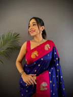 Sonakshi Women's Blue Banarasi Silk Zari Weaving Saree with Blouse - Distacart
