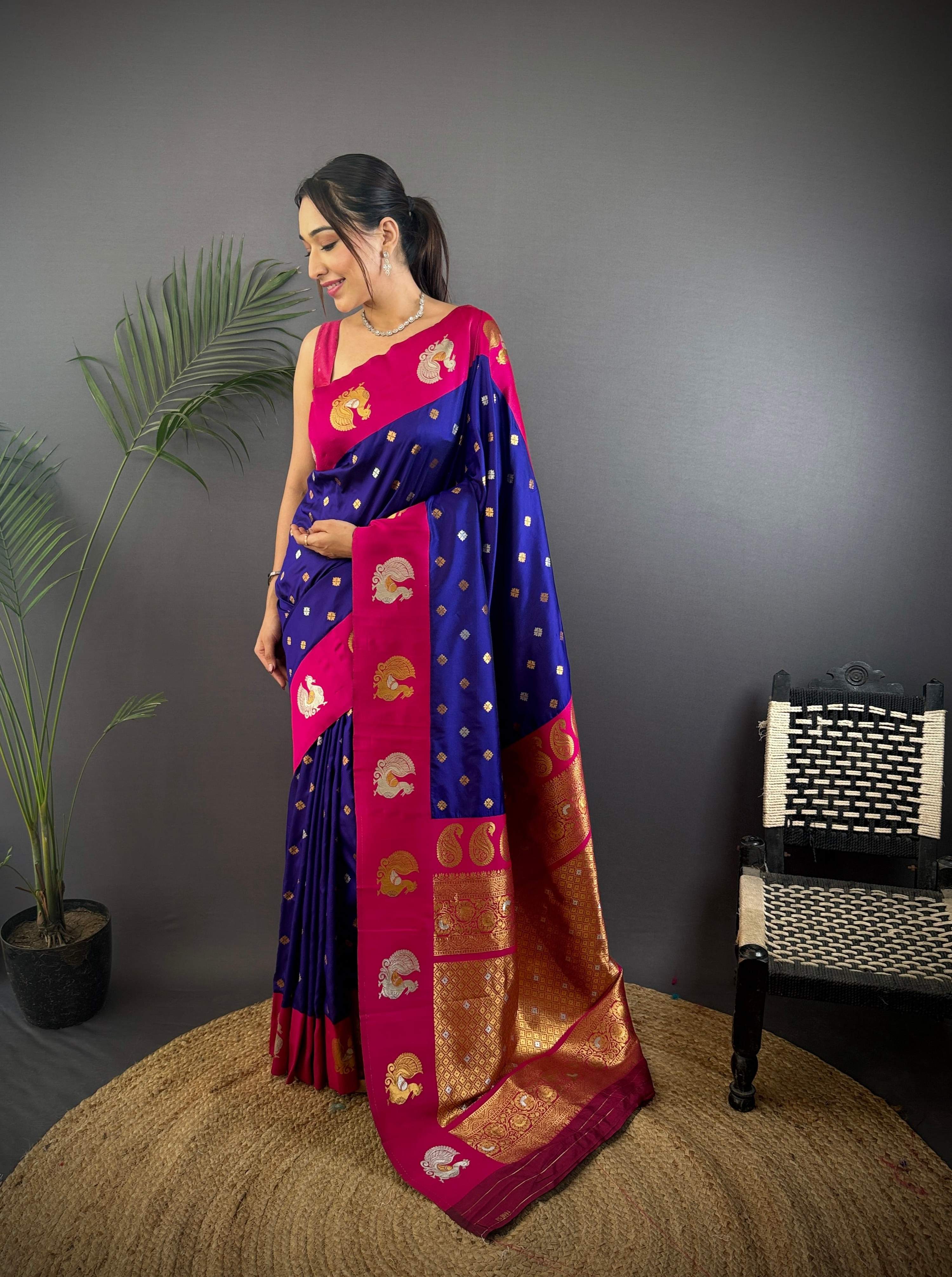 Sonakshi Women's Blue Banarasi Silk Zari Weaving Saree with Blouse - Distacart