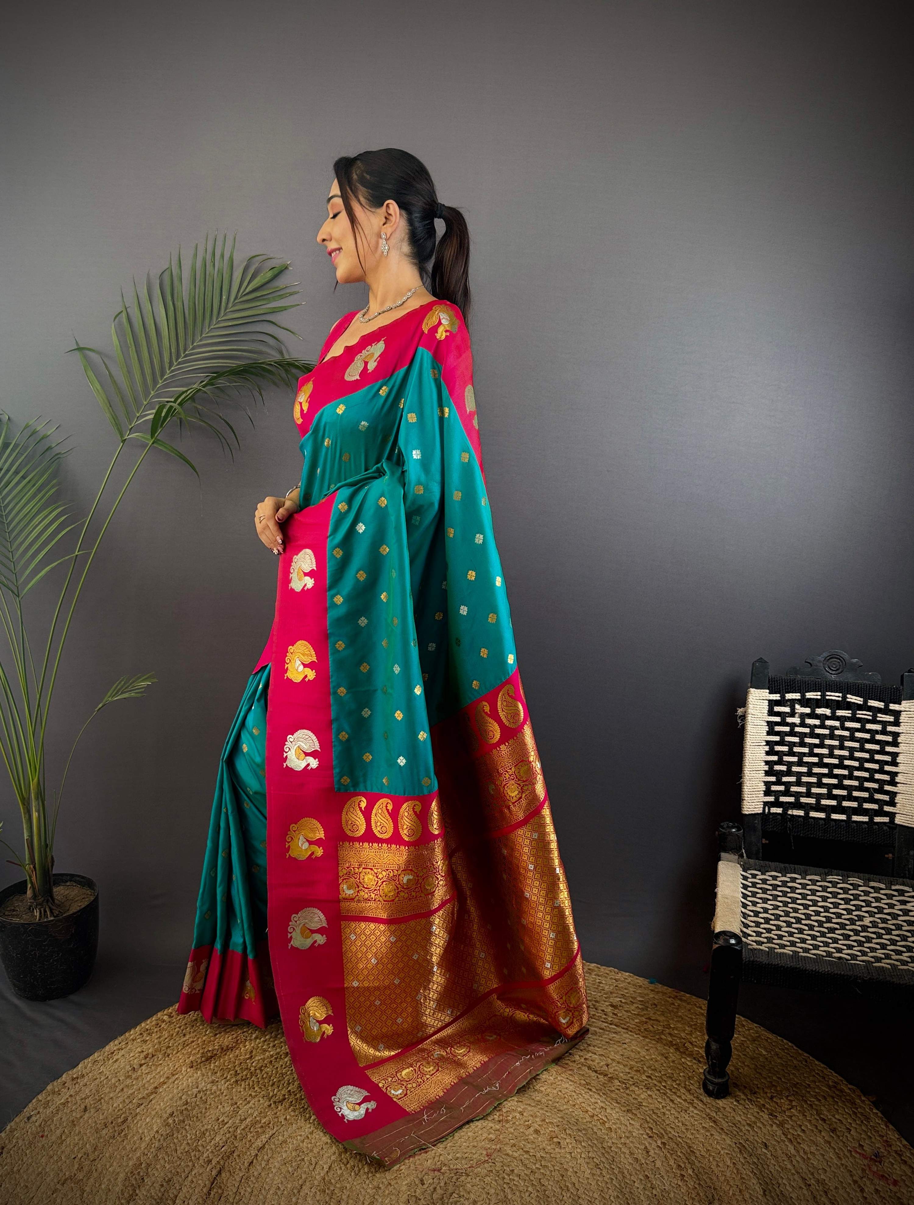 Sonakshi Women's Seagreen Banarasi Silk Zari Weaving Saree with Blouse - Distacart