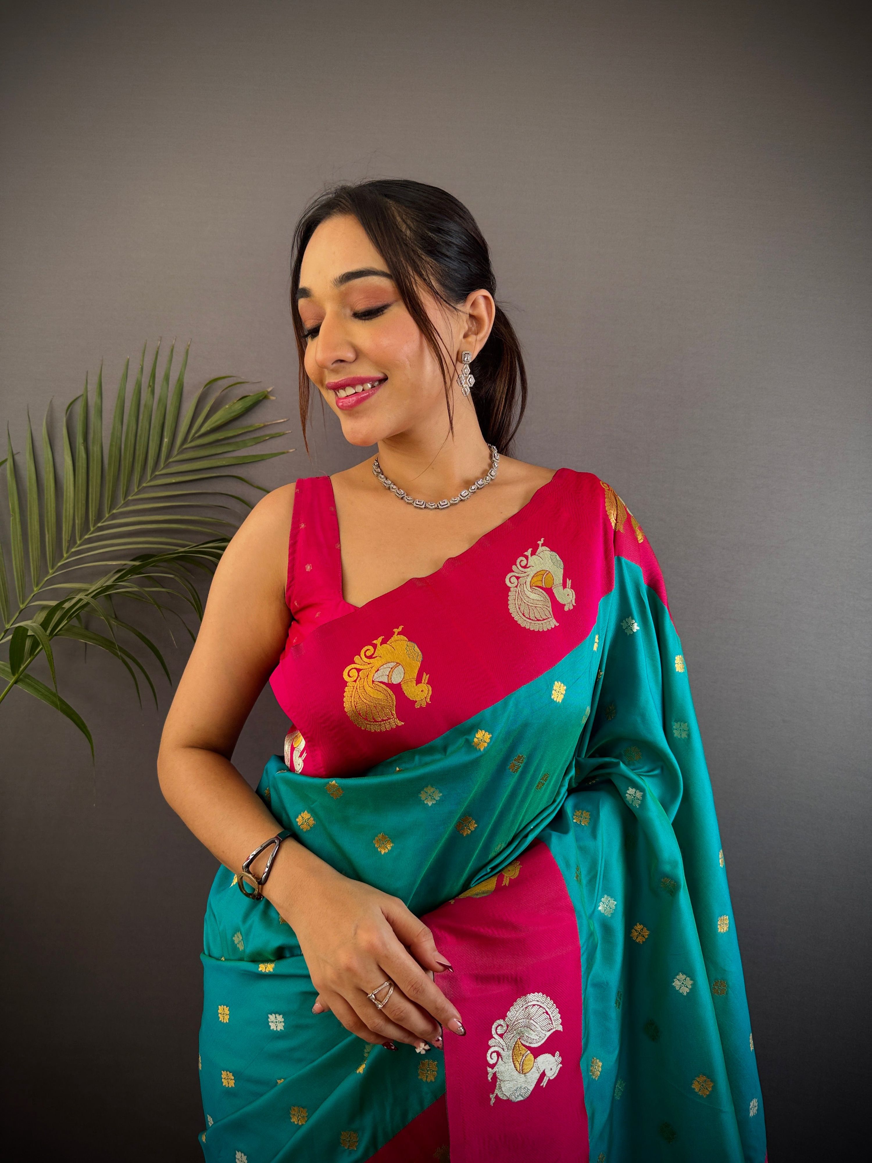Sonakshi Women's Seagreen Banarasi Silk Zari Weaving Saree with Blouse - Distacart