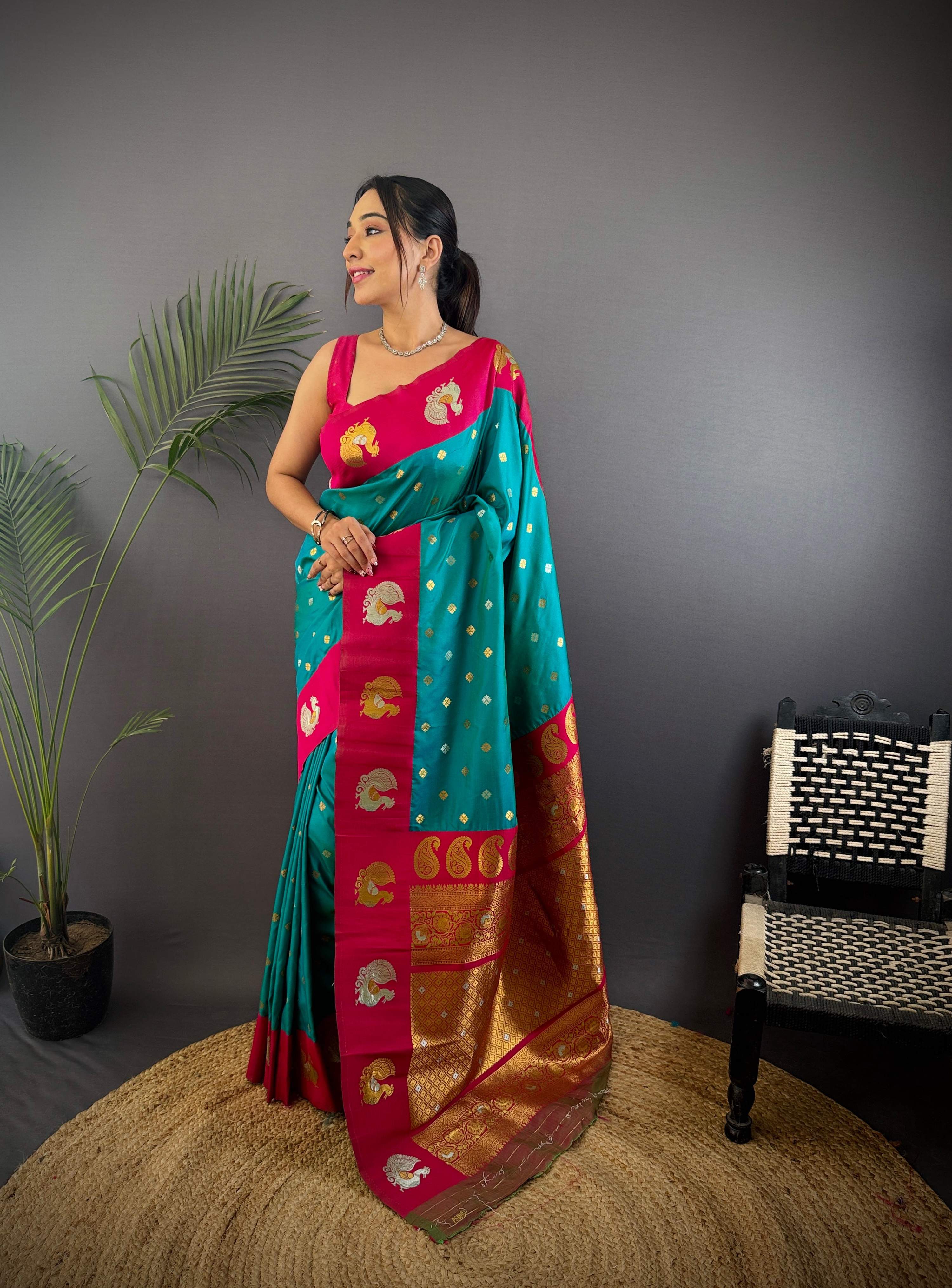 Sonakshi Women's Seagreen Banarasi Silk Zari Weaving Saree with Blouse - Distacart
