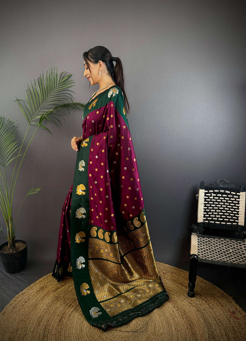 Sonakshi Women's Wine Banarasi Silk Zari Weaving Saree with Blouse - Distacart