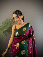 Sonakshi Women's Wine Banarasi Silk Zari Weaving Saree with Blouse - Distacart