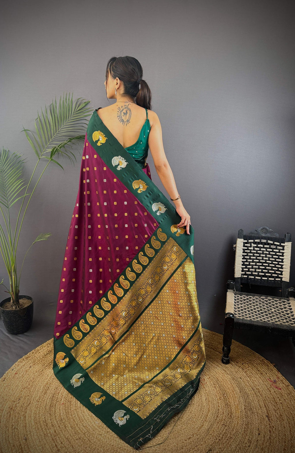 Sonakshi Women's Wine Banarasi Silk Zari Weaving Saree with Blouse - Distacart