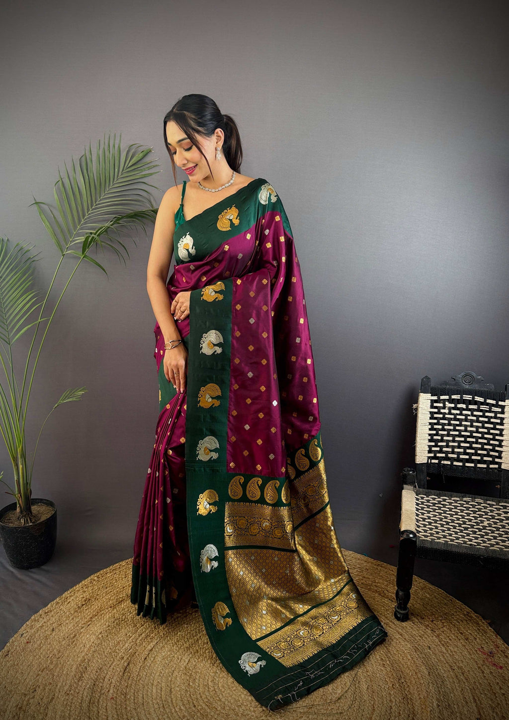 Sonakshi Women's Wine Banarasi Silk Zari Weaving Saree with Blouse - Distacart