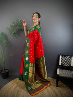 Sonakshi Women's Red Banarasi Silk Zari Weaving Saree with Blouse - Distacart
