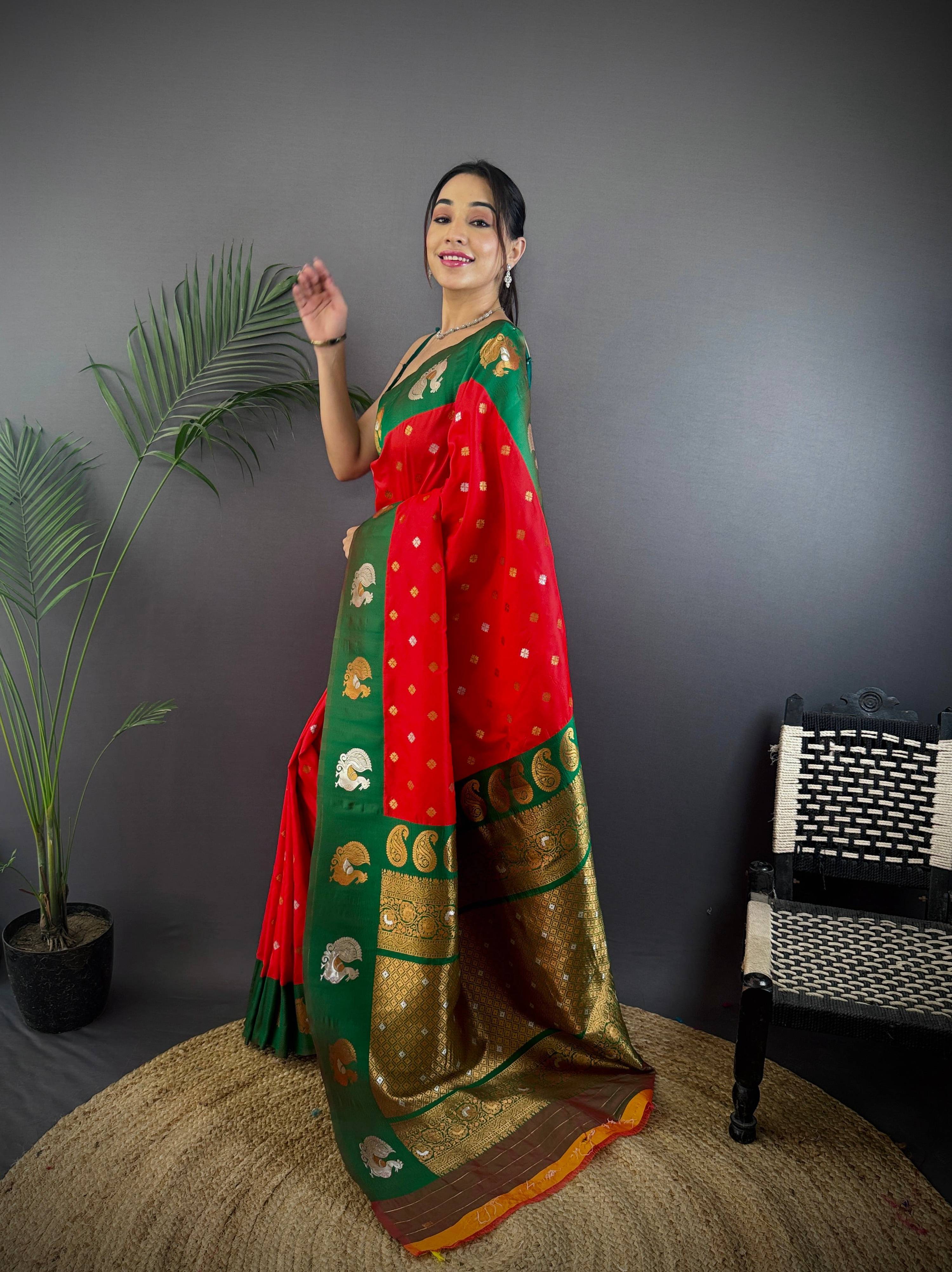 Sonakshi Women's Red Banarasi Silk Zari Weaving Saree with Blouse - Distacart