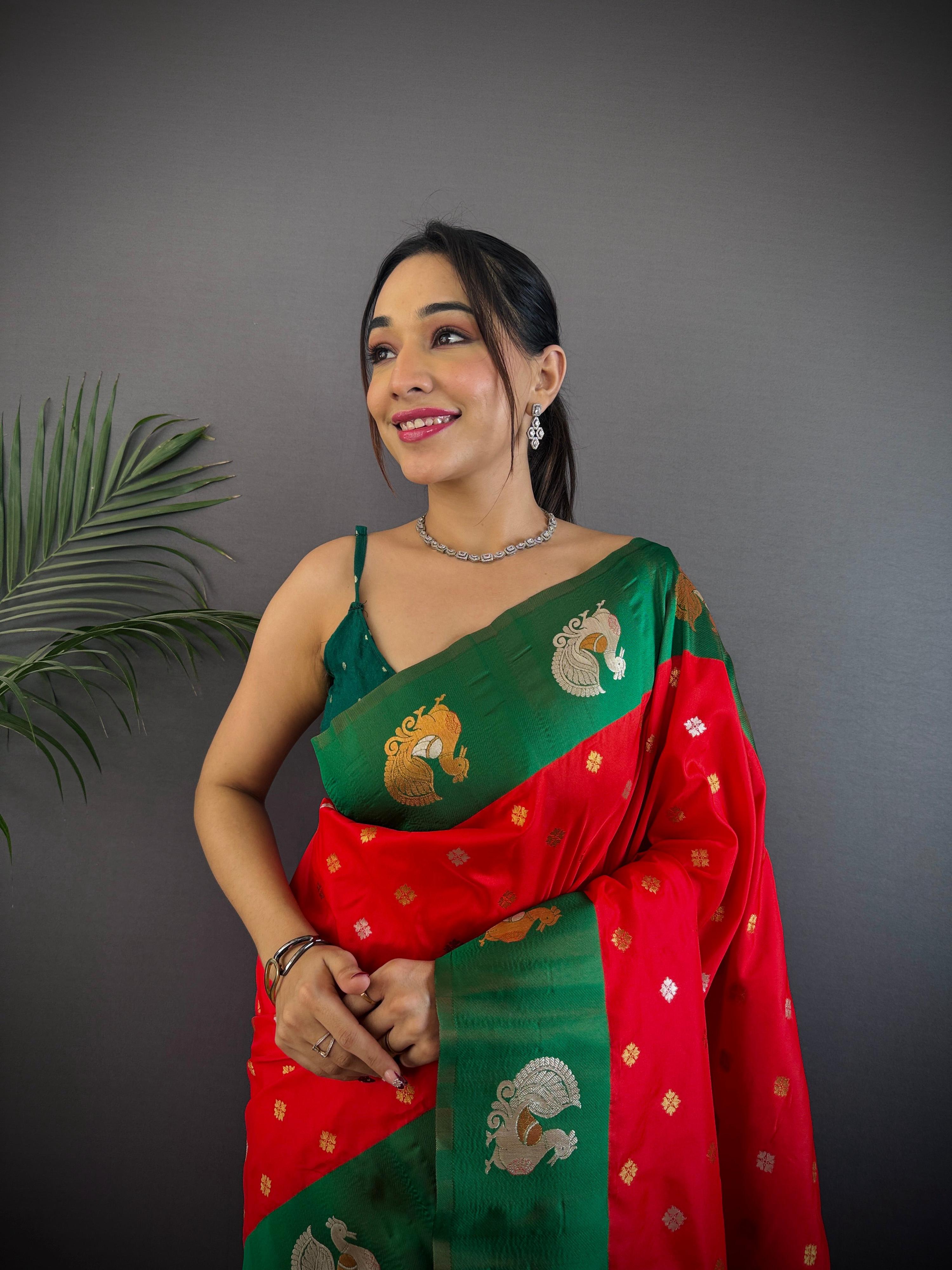 Sonakshi Women's Red Banarasi Silk Zari Weaving Saree with Blouse - Distacart