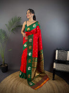 Sonakshi Women's Red Banarasi Silk Zari Weaving Saree with Blouse - Distacart