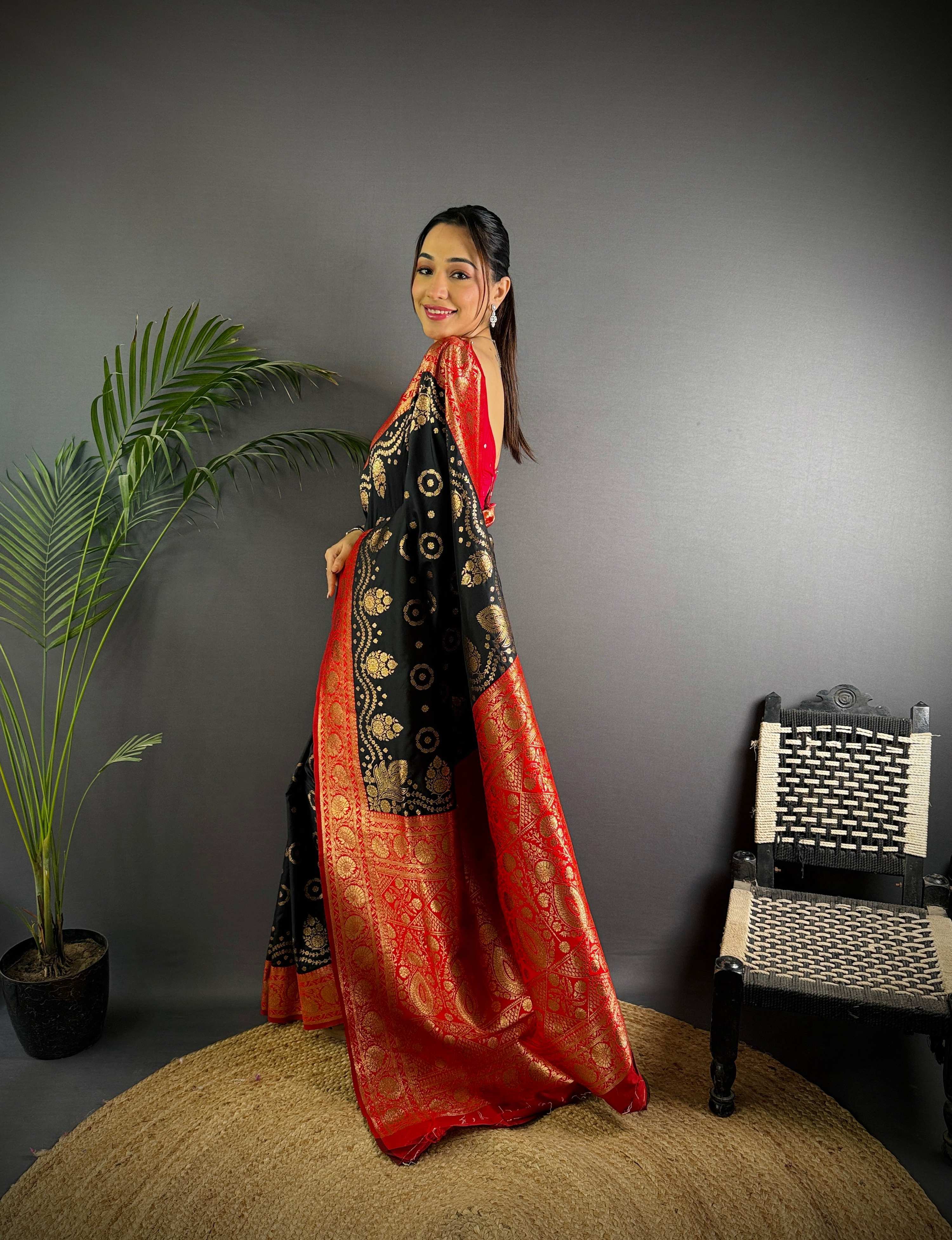 Sonakshi Women's Black Banarasi Silk Zari Weaving Saree with Blouse - Distacart