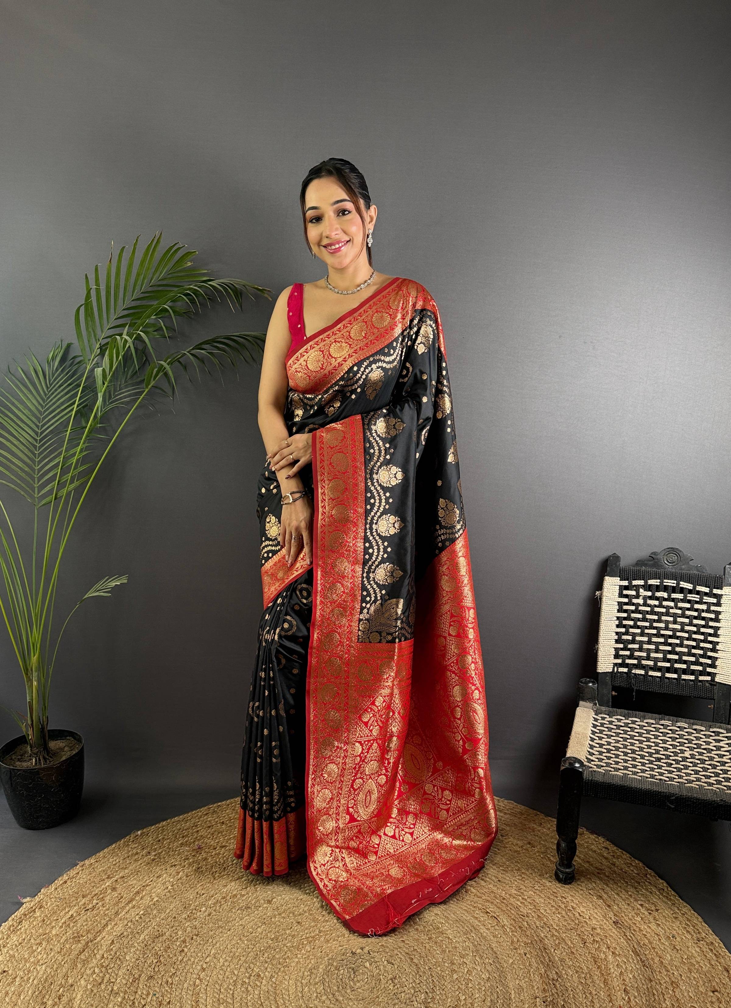 Sonakshi Women's Black Banarasi Silk Zari Weaving Saree with Blouse - Distacart