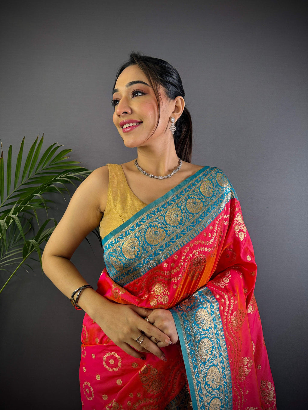 Sonakshi Women's Gajri Banarasi Silk Zari Weaving Saree with Blouse - Distacart