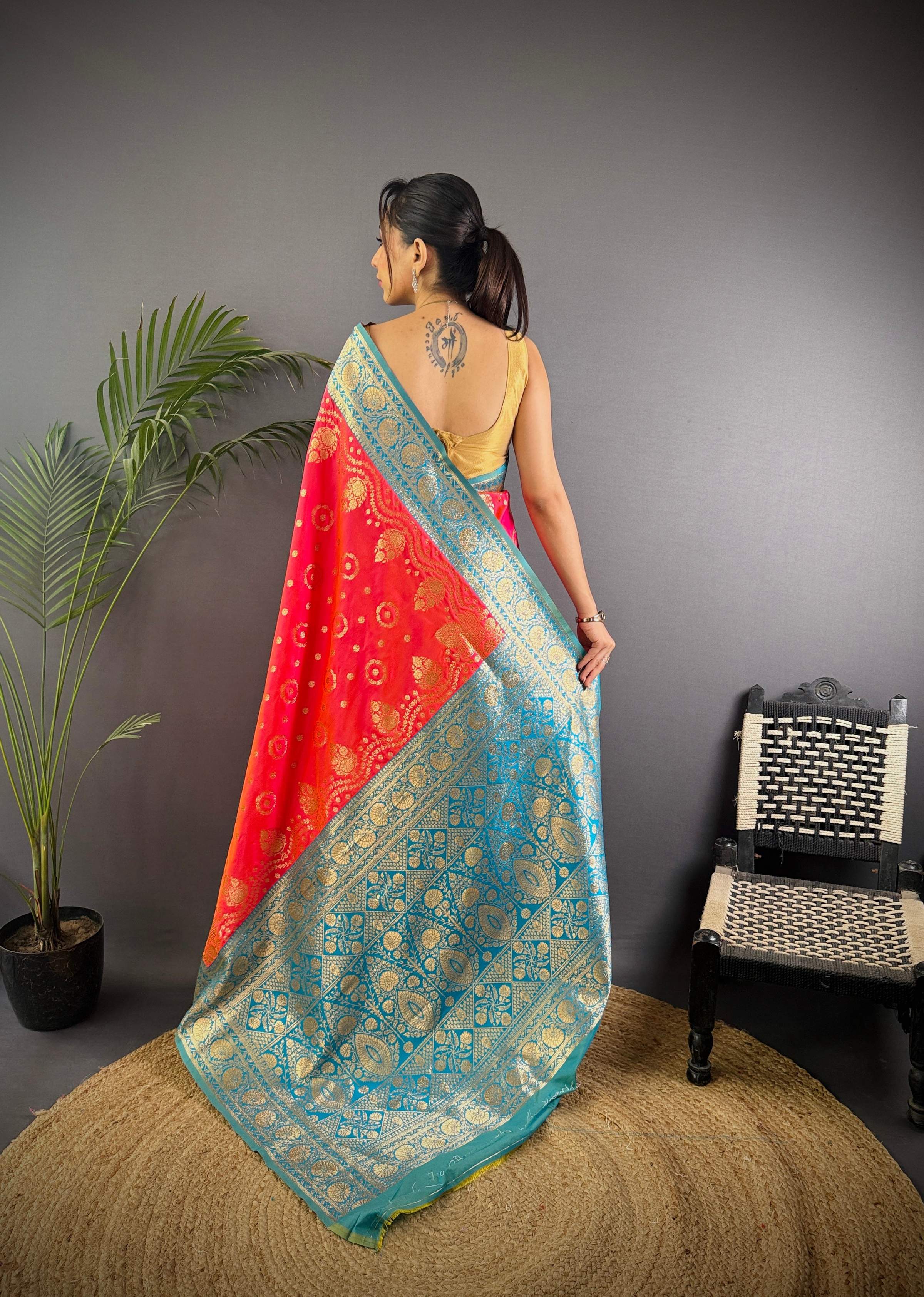 Sonakshi Women's Gajri Banarasi Silk Zari Weaving Saree with Blouse - Distacart