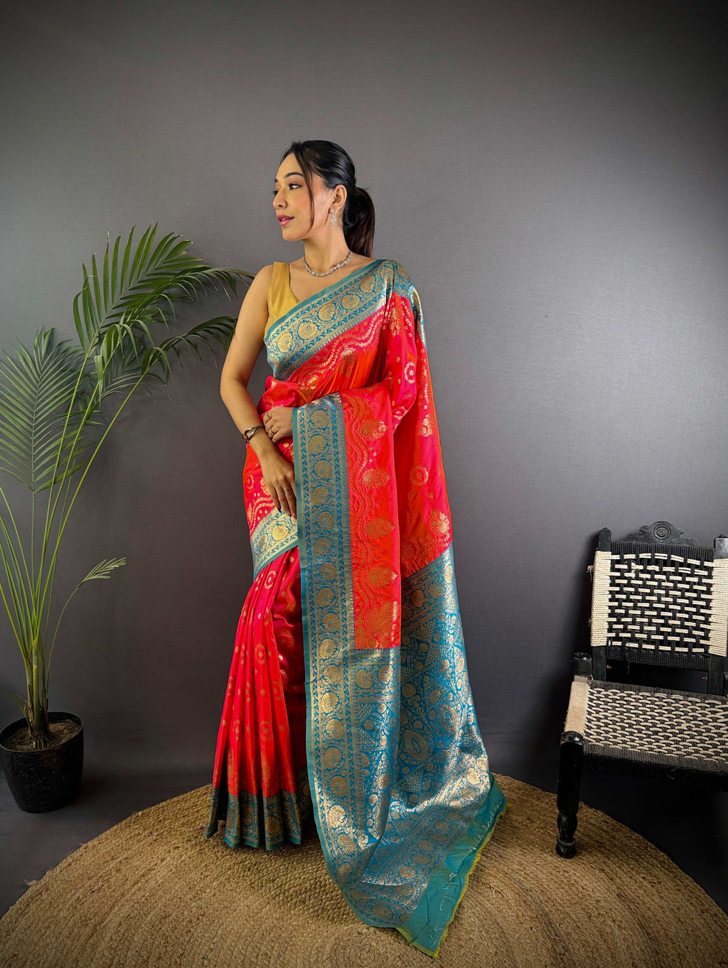 Sonakshi Women's Gajri Banarasi Silk Zari Weaving Saree with Blouse - Distacart