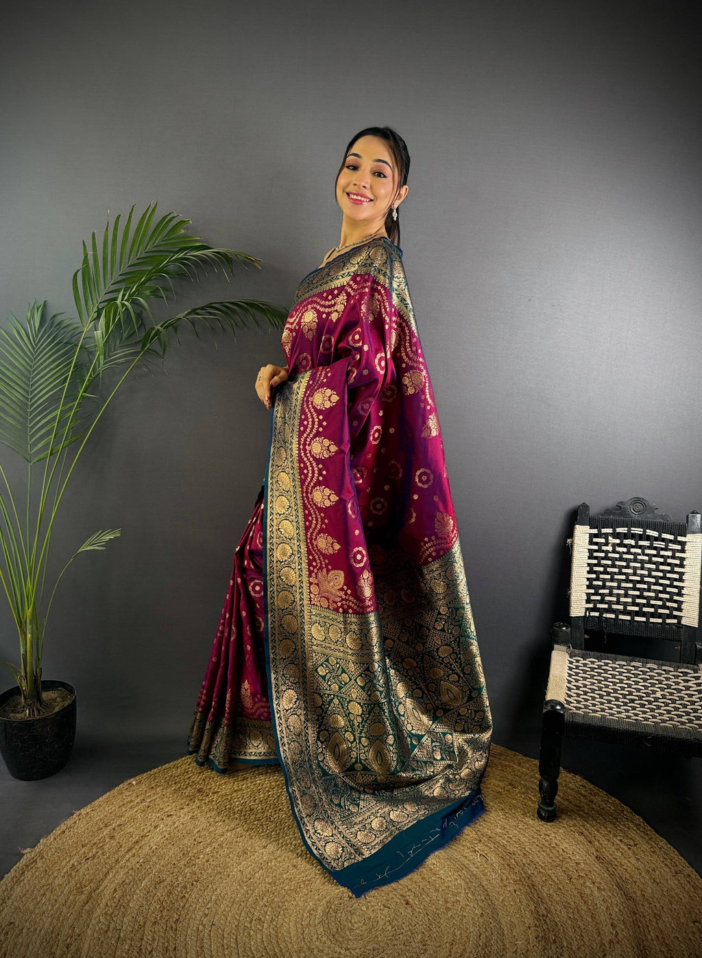 Sonakshi Women's Wine Banarasi Silk Zari Weaving Saree with Blouse - Distacart