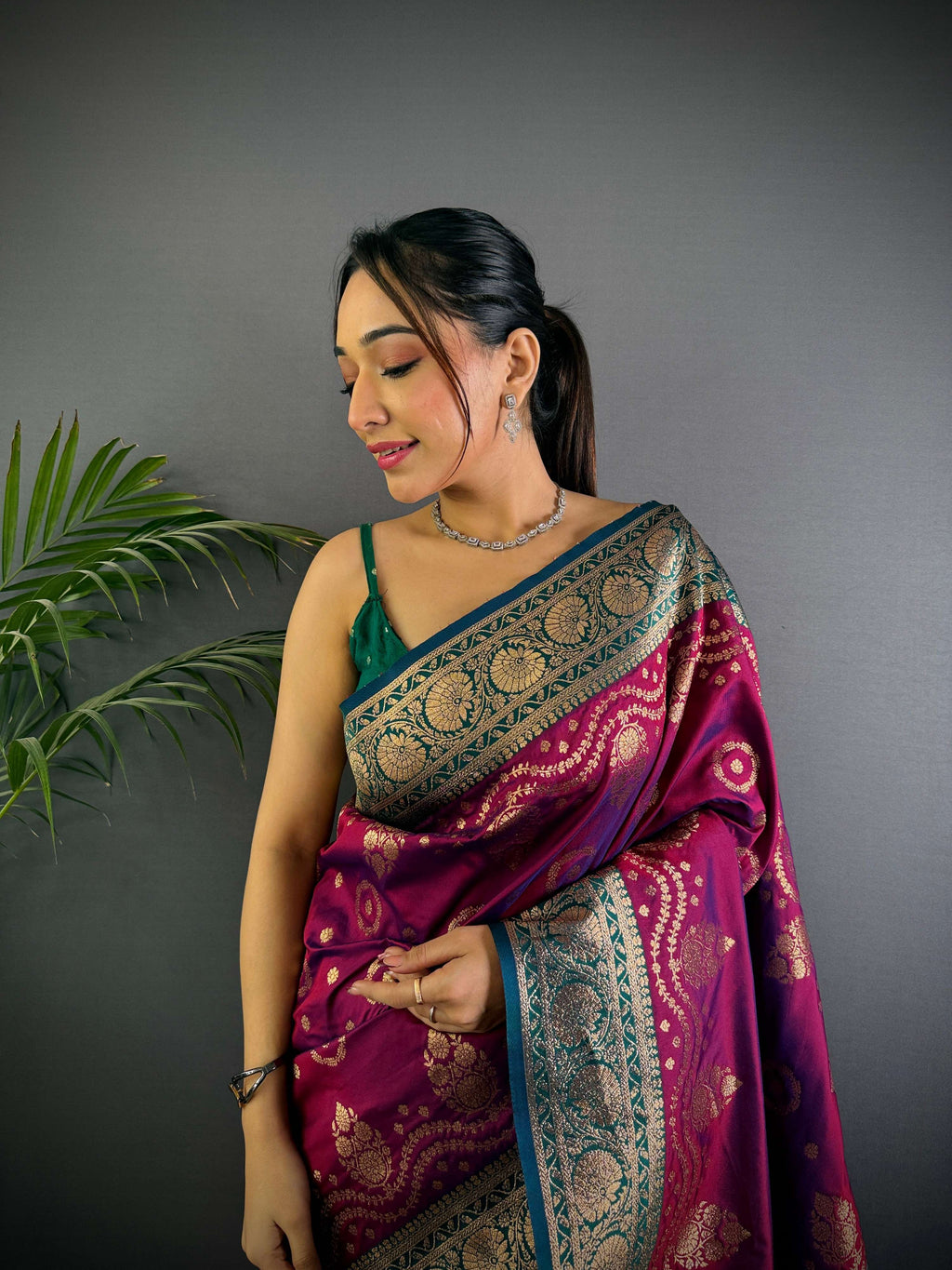 Sonakshi Women's Wine Banarasi Silk Zari Weaving Saree with Blouse - Distacart