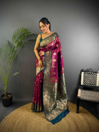 Sonakshi Women's Wine Banarasi Silk Zari Weaving Saree with Blouse - Distacart