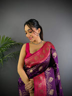 Sonakshi Women's Jamli Banarasi Silk Zari Weaving Saree with Blouse - Distacart