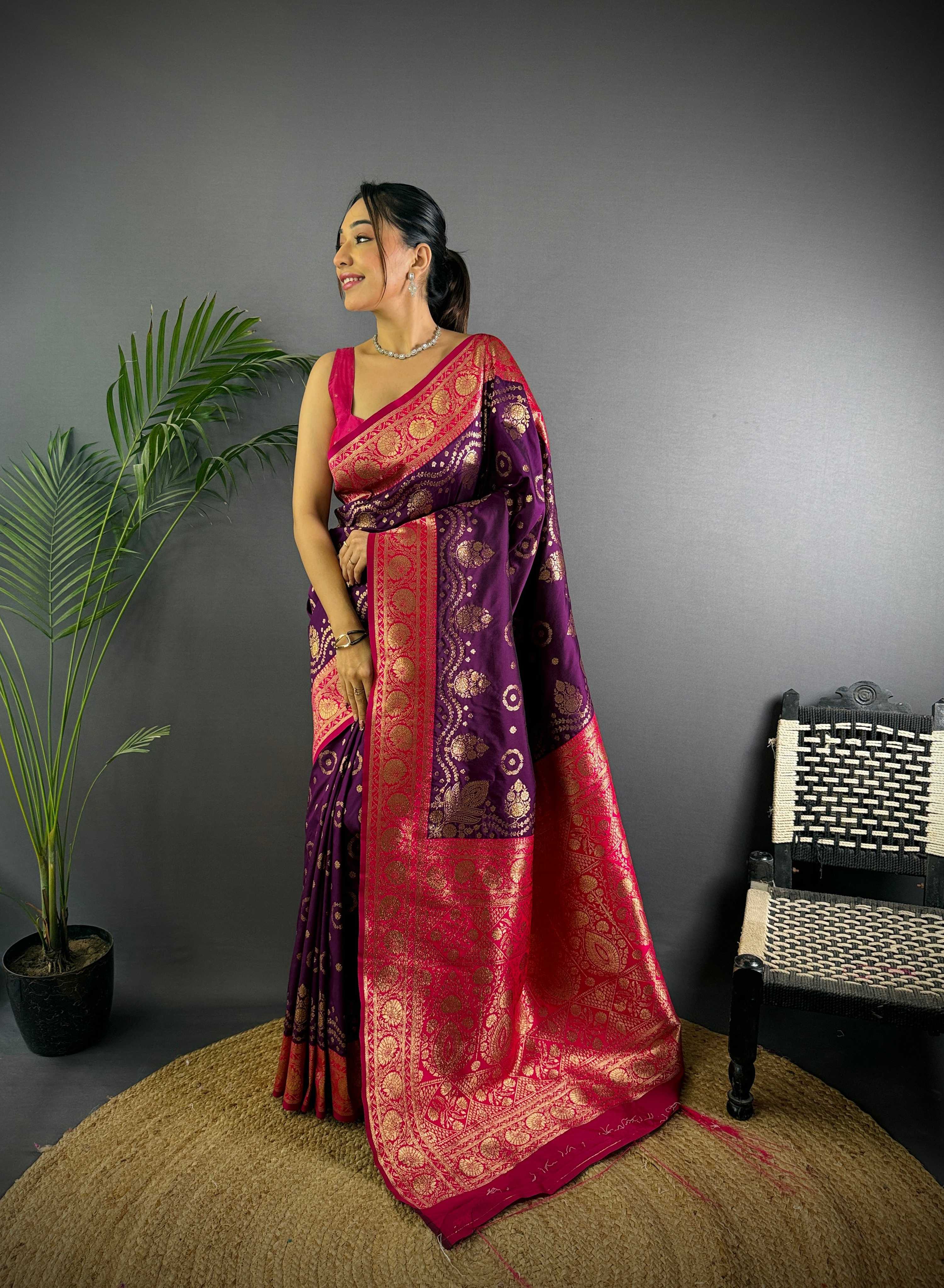 Sonakshi Women's Jamli Banarasi Silk Zari Weaving Saree with Blouse - Distacart