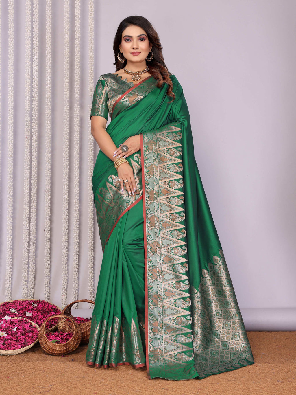 Sonakshi Women's Green Soft Silk Zari Weaving Saree with Blouse - Distacart