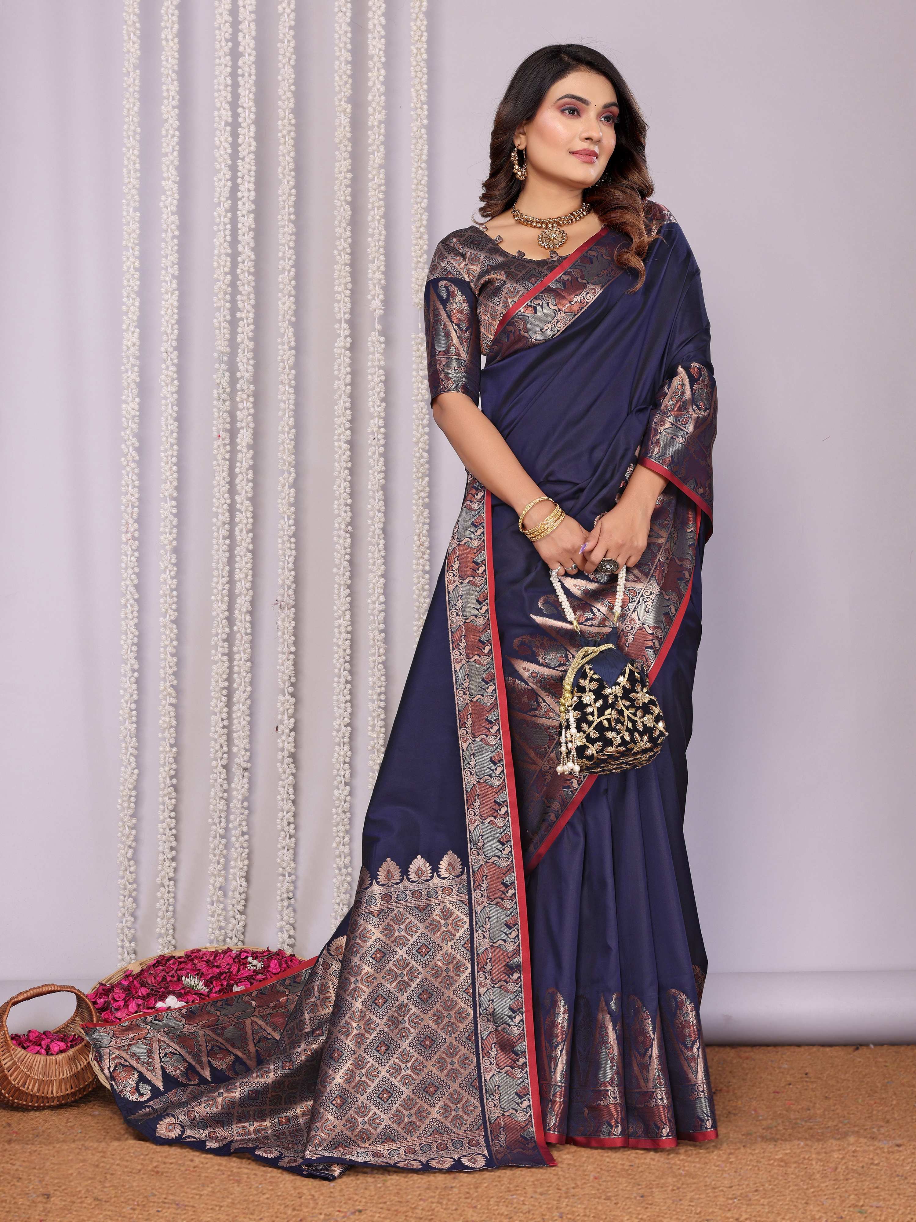 Sonakshi Women's Navy Blue Soft Silk Zari Weaving Saree with Blouse - Distacart