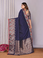 Sonakshi Women's Navy Blue Soft Silk Zari Weaving Saree with Blouse - Distacart