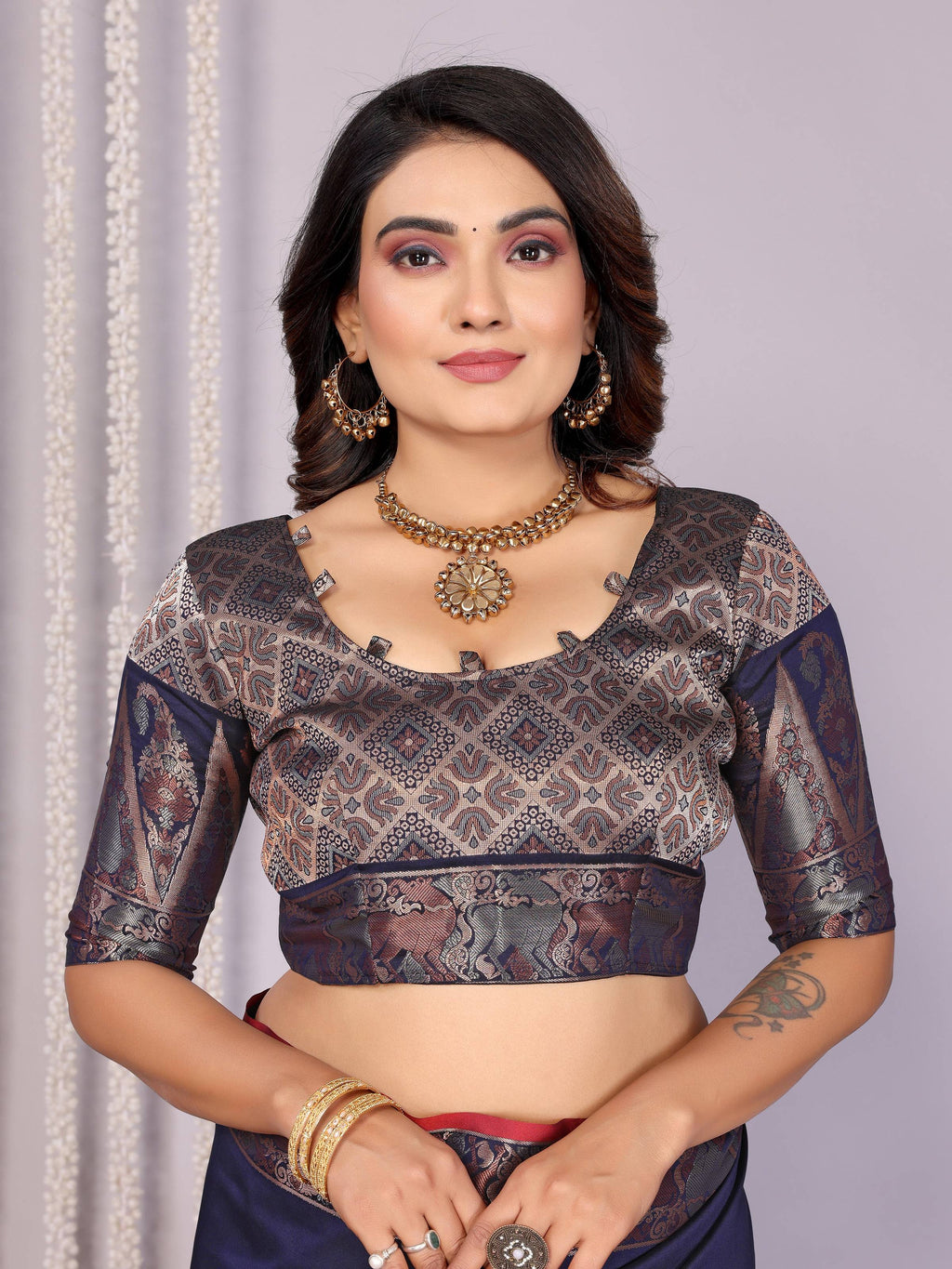 Sonakshi Women's Navy Blue Soft Silk Zari Weaving Saree with Blouse - Distacart