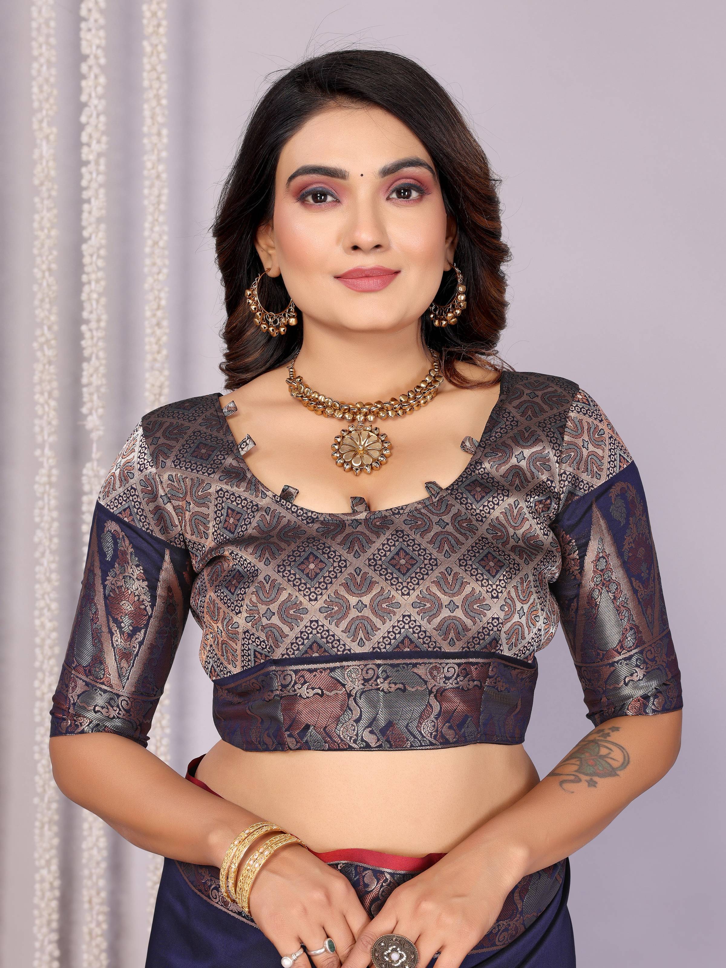 Sonakshi Women's Navy Blue Soft Silk Zari Weaving Saree with Blouse - Distacart