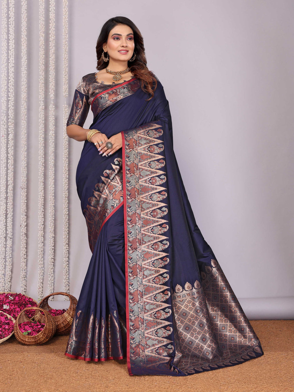 Sonakshi Women's Navy Blue Soft Silk Zari Weaving Saree with Blouse - Distacart