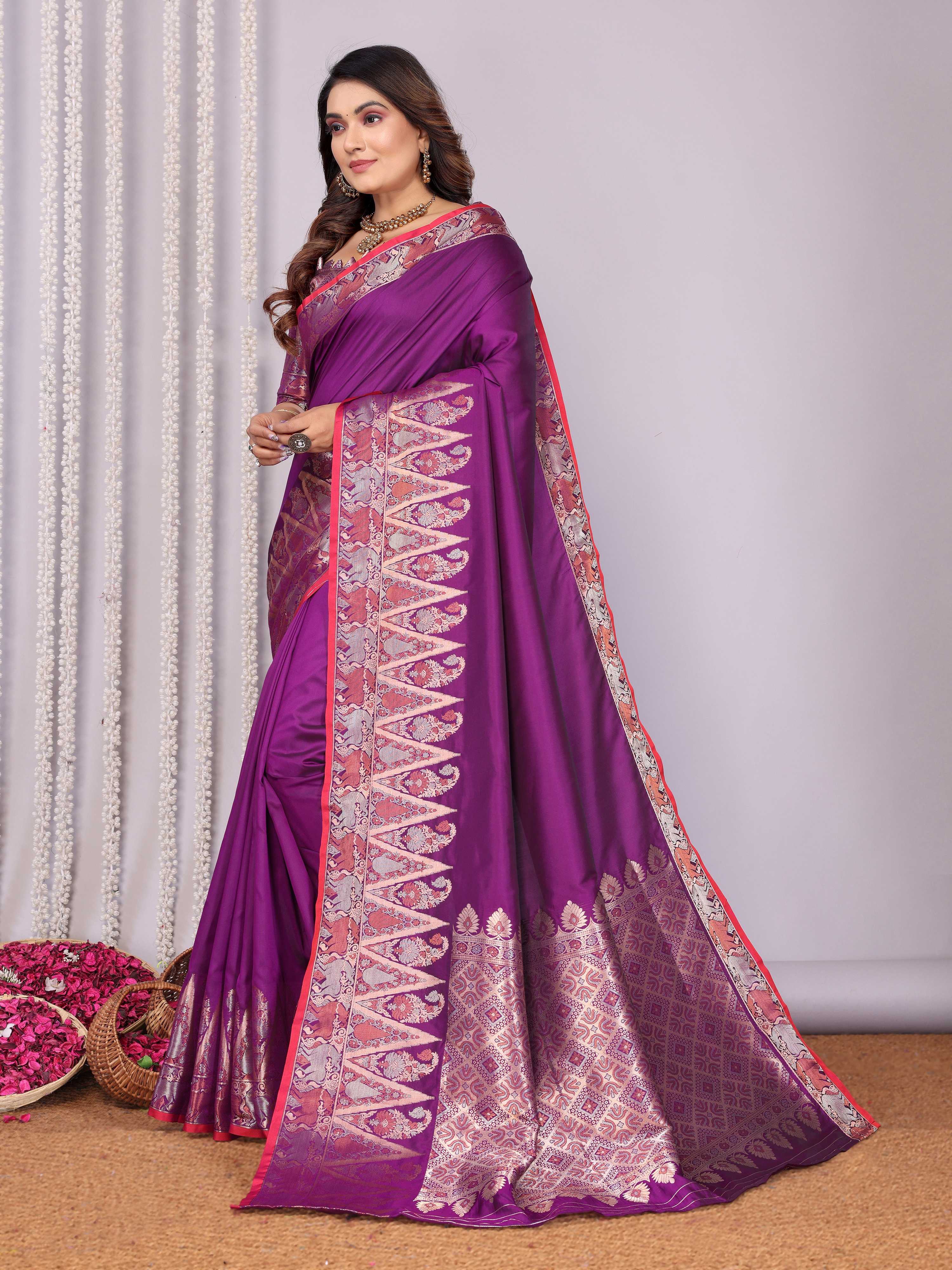 Sonakshi Women's Lavender Soft Silk Zari Weaving Saree with Blouse - Distacart
