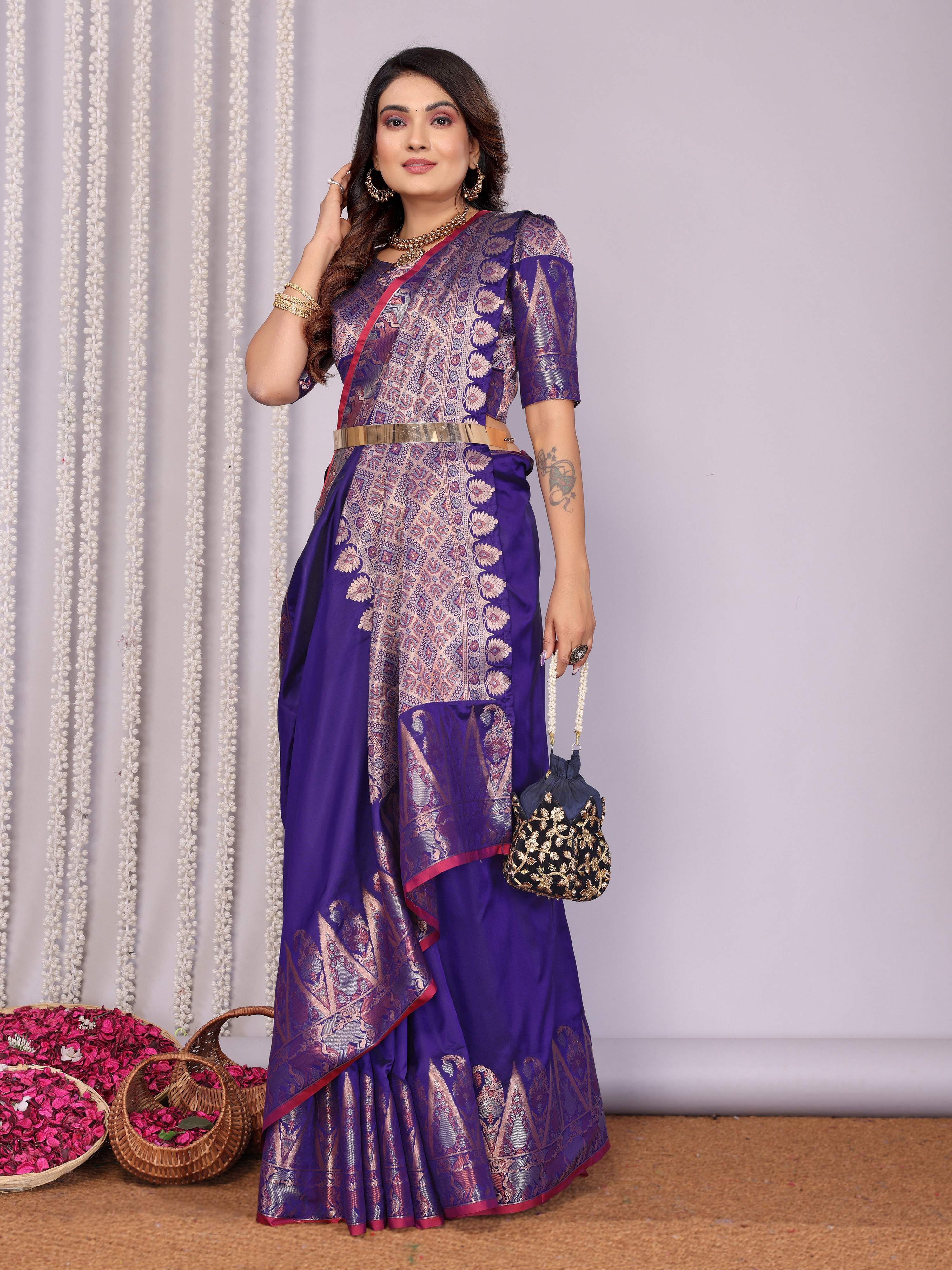 Sonakshi Women's Royal Blue Soft Silk Zari Weaving Saree with Blouse - Distacart