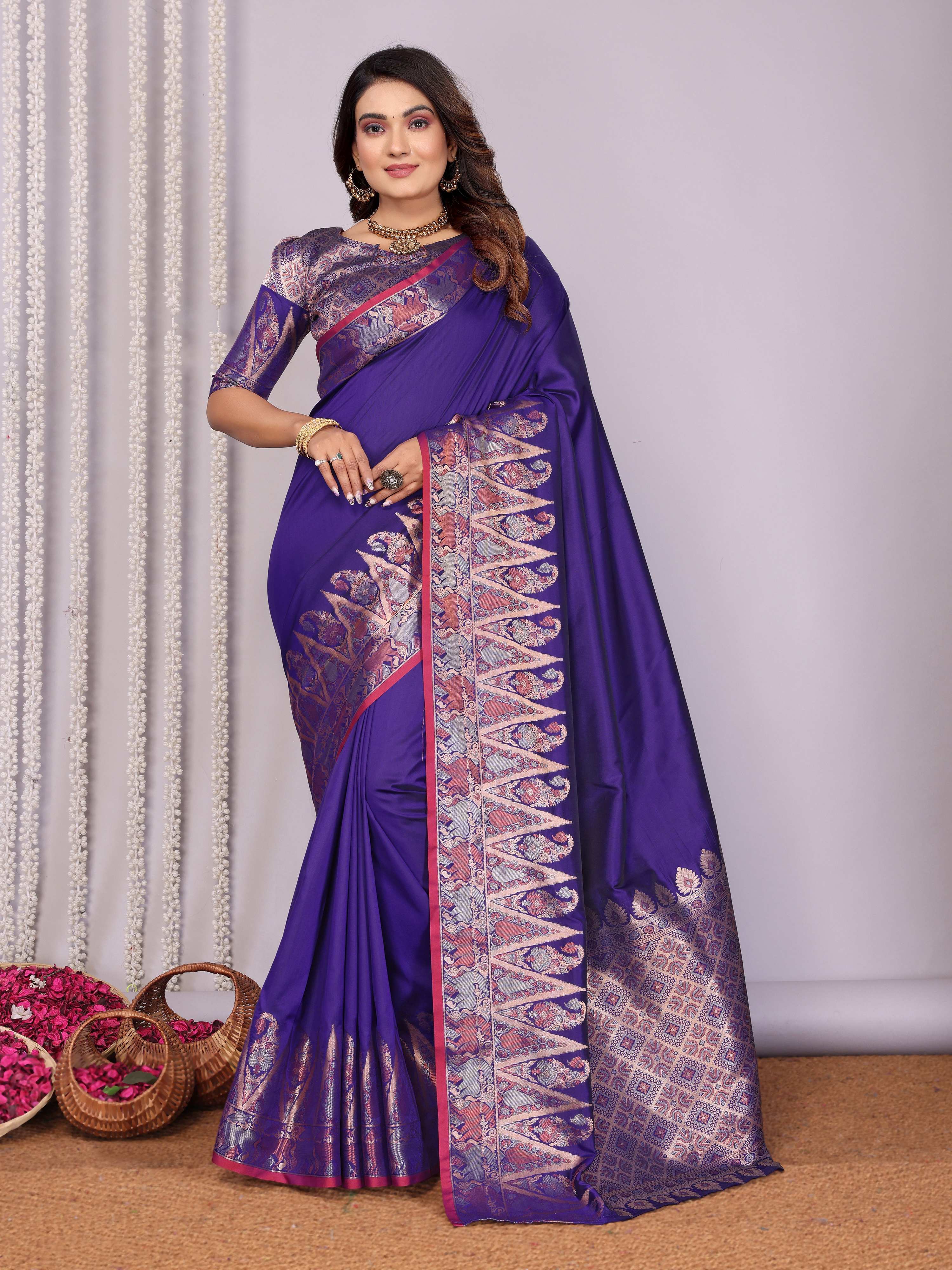 Sonakshi Women's Royal Blue Soft Silk Zari Weaving Saree with Blouse - Distacart