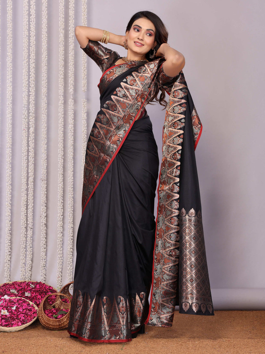 Sonakshi Women's Black Soft Silk Zari Weaving Saree with Blouse - Distacart
