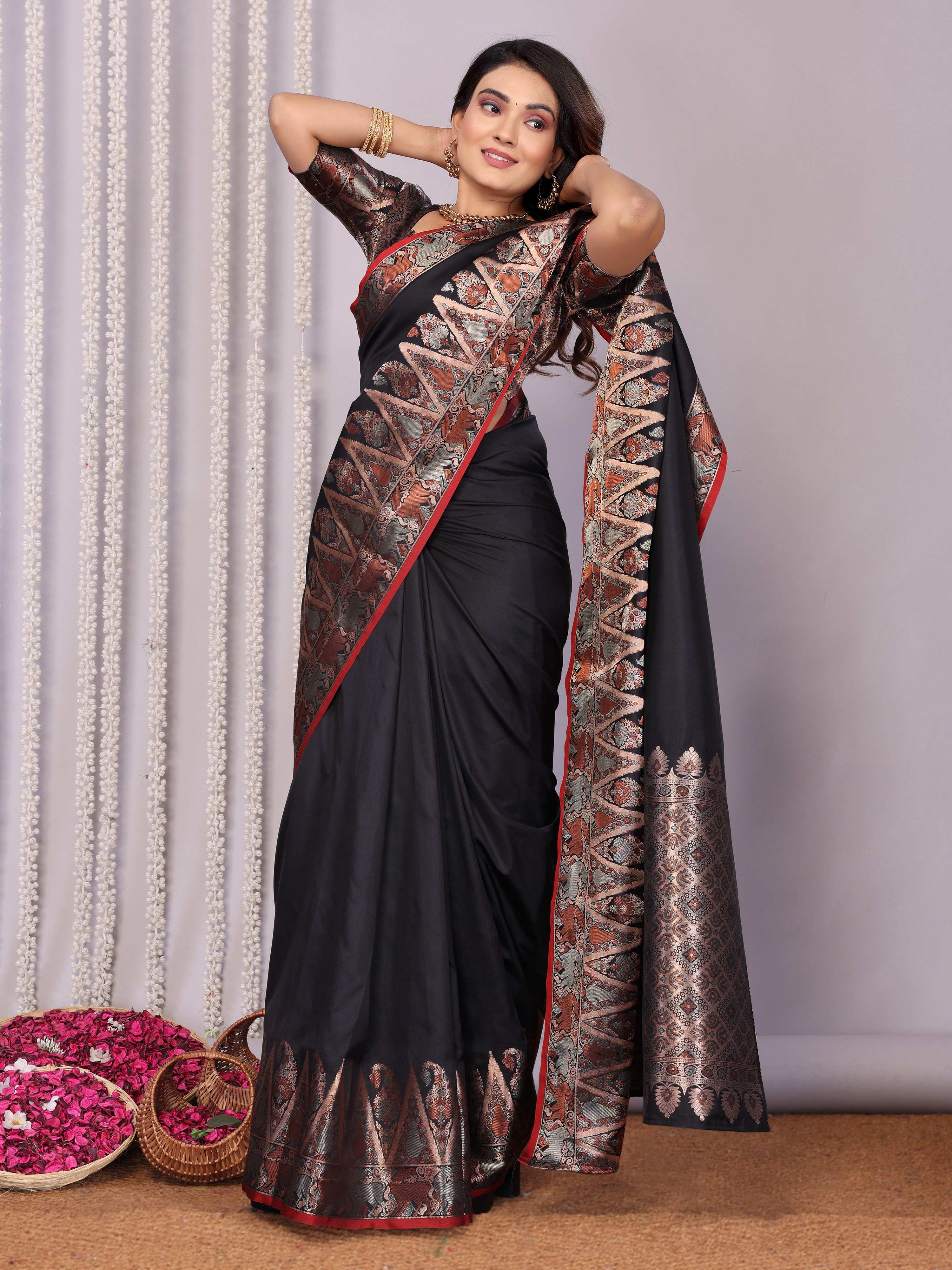Sonakshi Women's Black Soft Silk Zari Weaving Saree with Blouse - Distacart